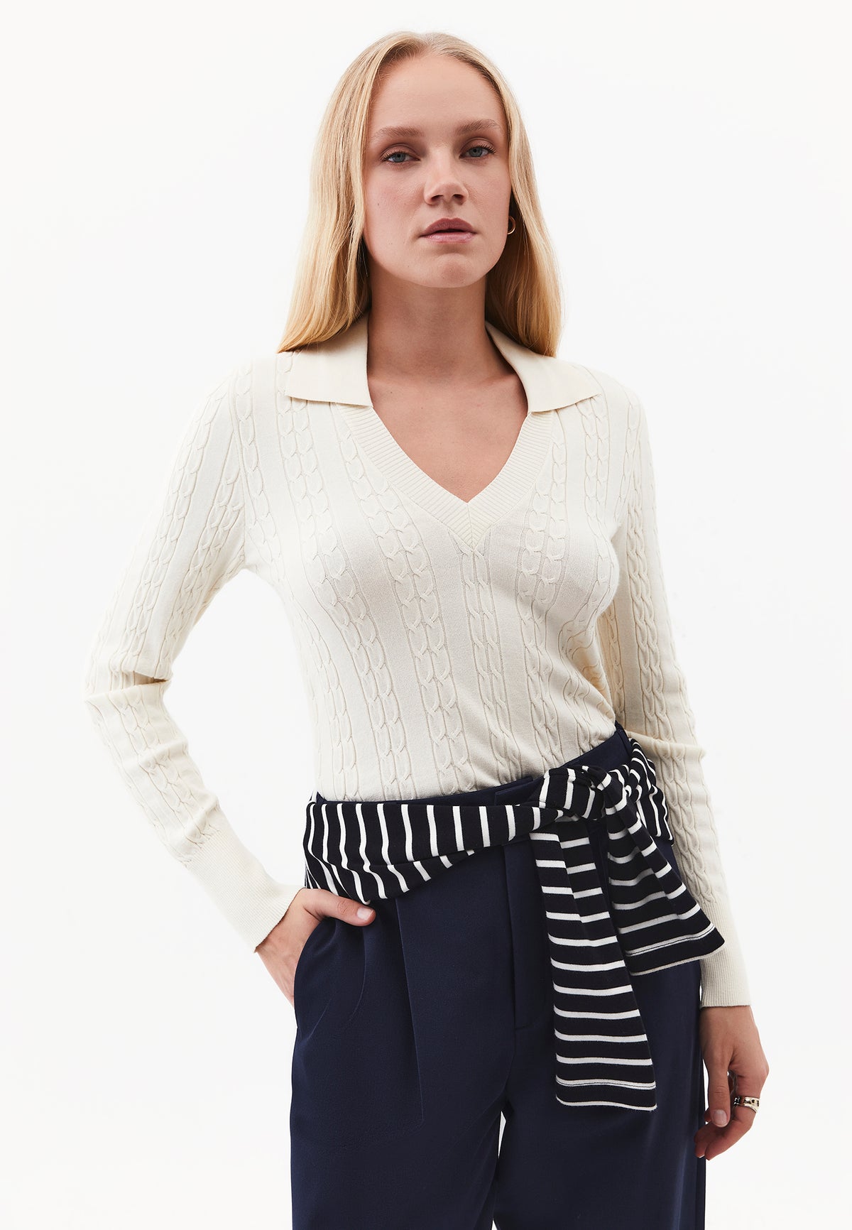 Polo Neck Knit Detail Sweater - TURTLEDOVE