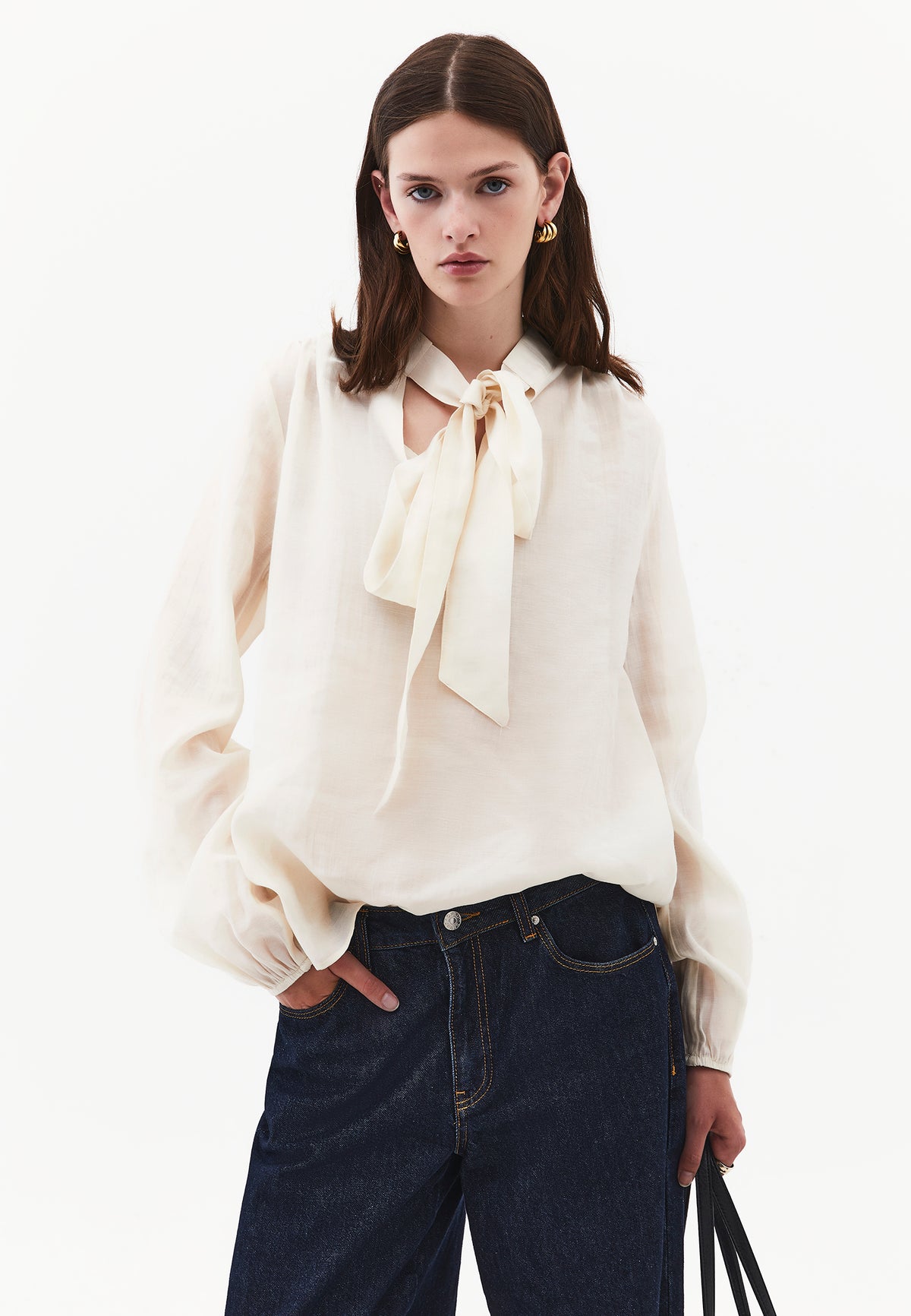 Long Sleeve Deep V-Neck Tie Front Blouse - TURTLEDOVE