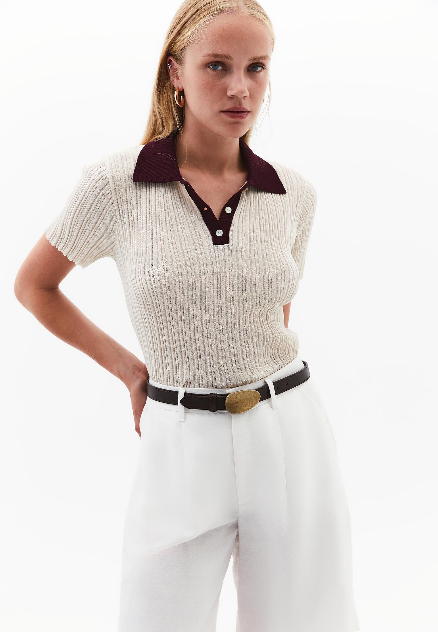 Polo Neck Transparent Short Sleeve Sweater - TURTLEDOVE