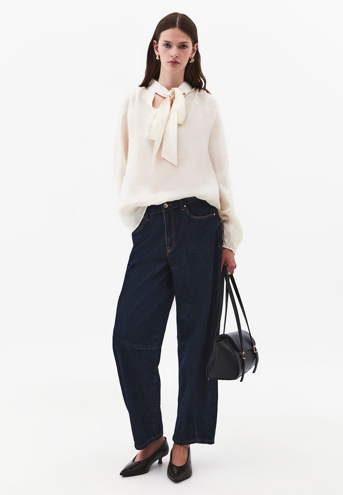Long Sleeve Deep V-Neck Tie Front Blouse - TURTLEDOVE