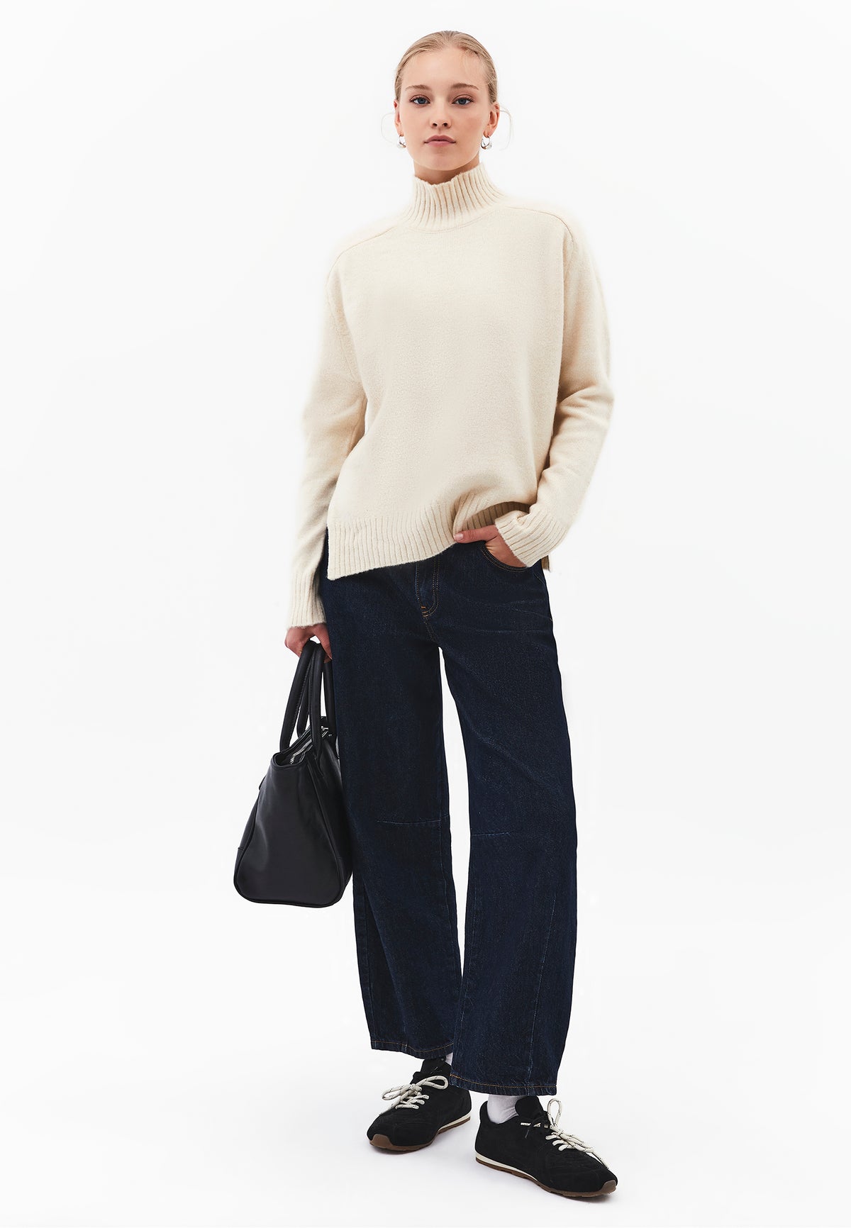 High Neck Sweater With Side Slit Detail - TURTLEDOVE
