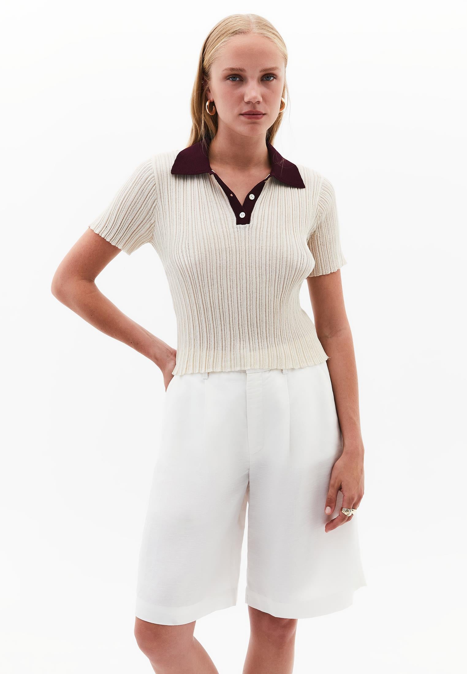 Polo Neck Transparent Short Sleeve Sweater - TURTLEDOVE