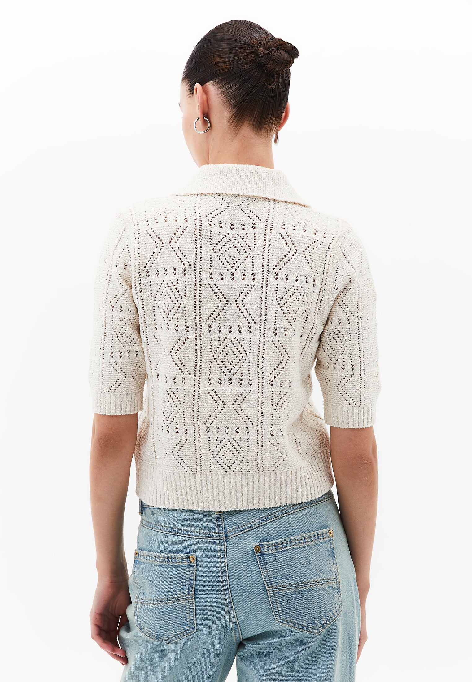 Ajour Short Cardigan With Polo Collar - TURTLEDOVE