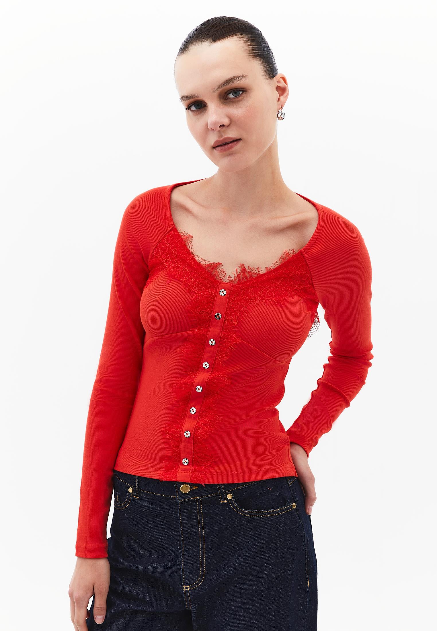 Ribbed Fabric Button Detailed V Neck Long Sleeve T-Shirt - VALIANT POPPY
