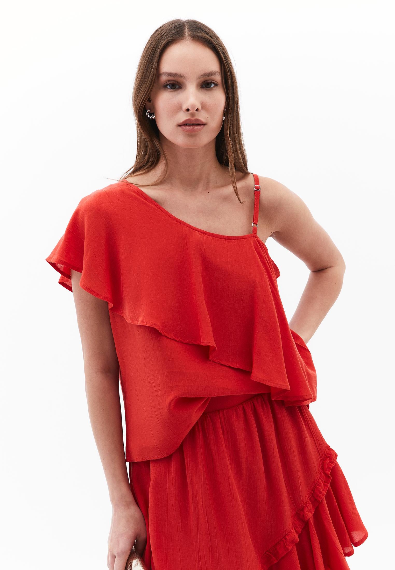Sleeveless Ruffled Blouse With Dropped Shoulder - VALIANT POPPY
