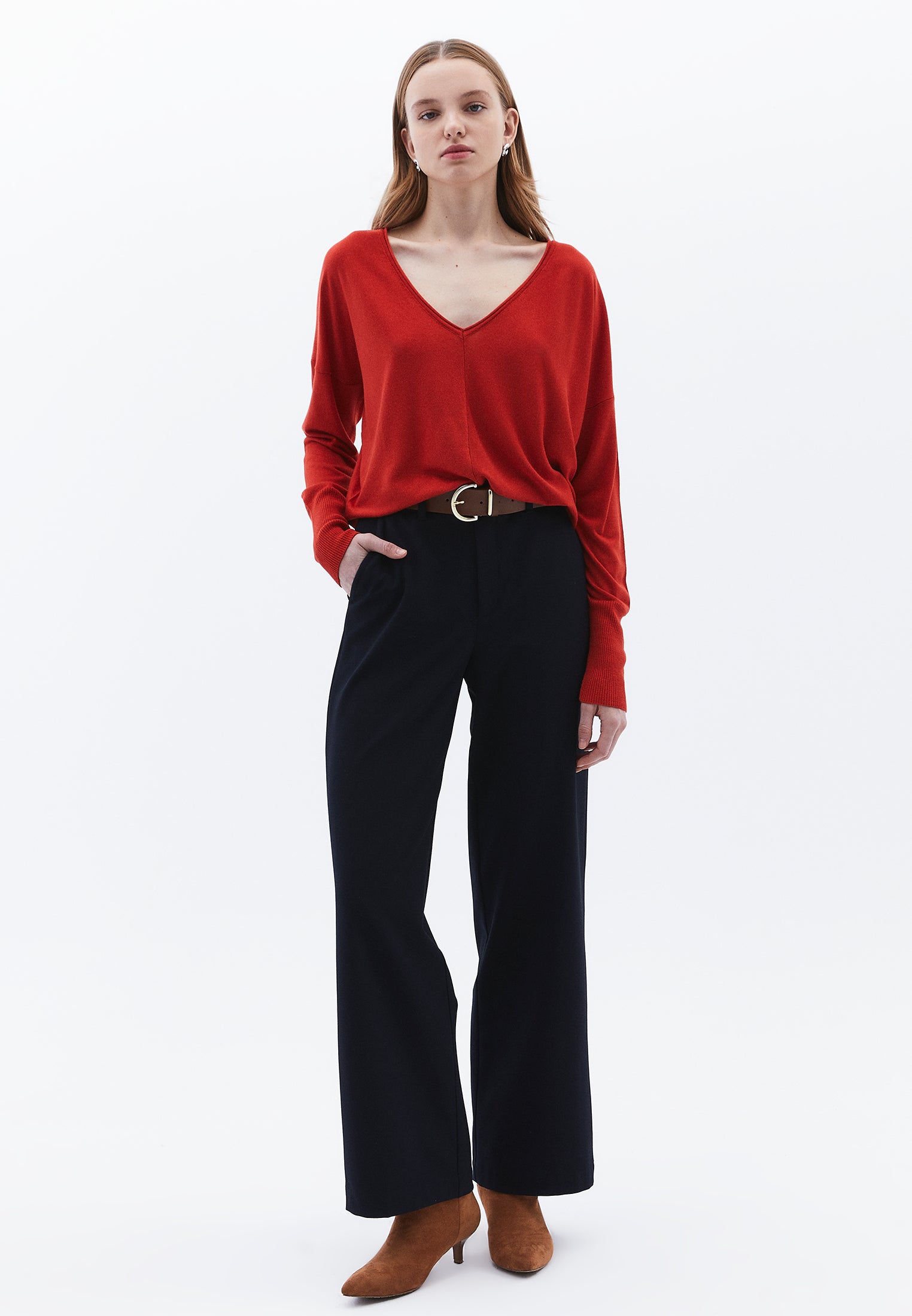 V Neck Long Sleeve Knitwear - VALIANT POPPY