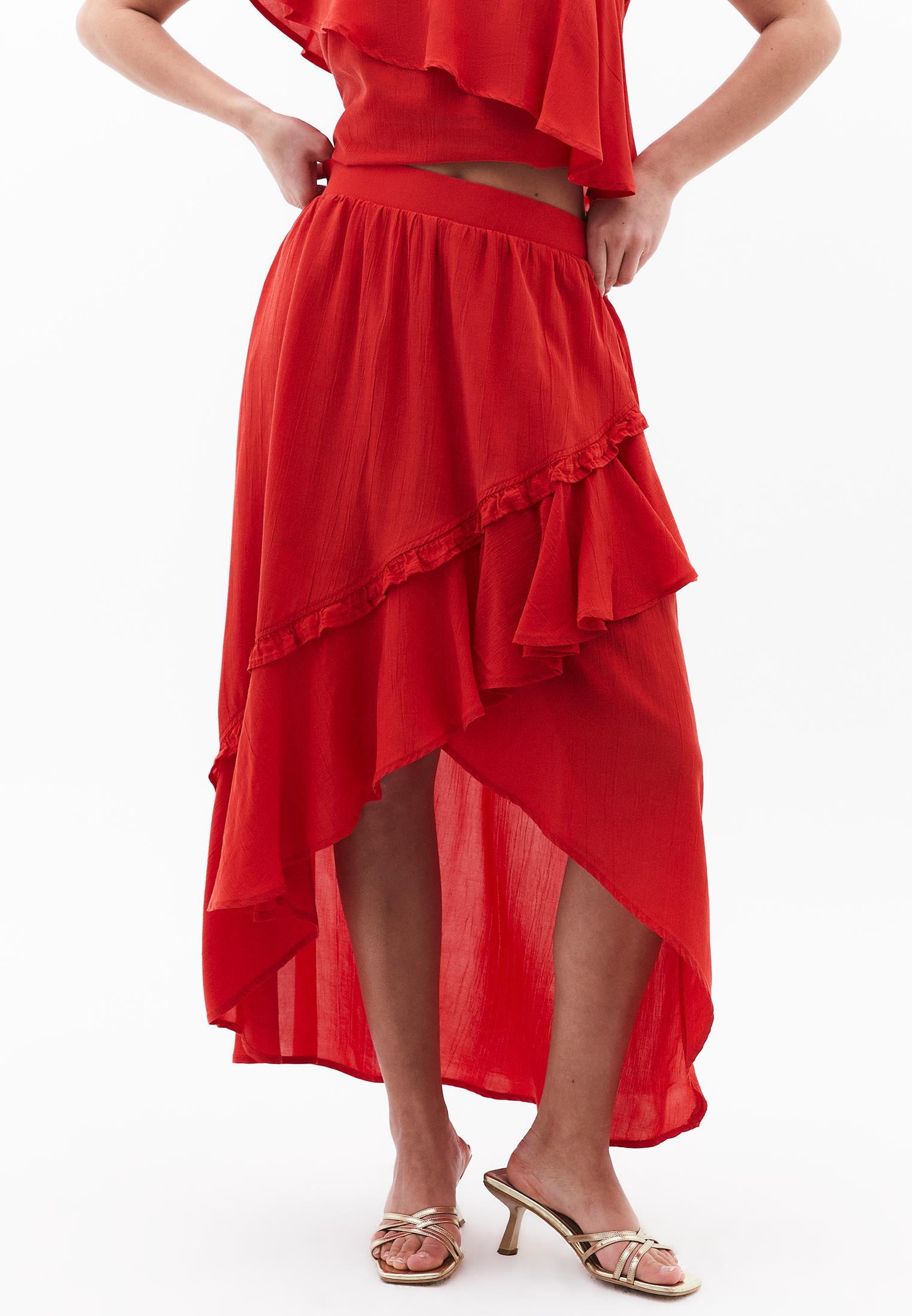 Long A-Line Skirt With Ruffle Details - VALIANT POPPY