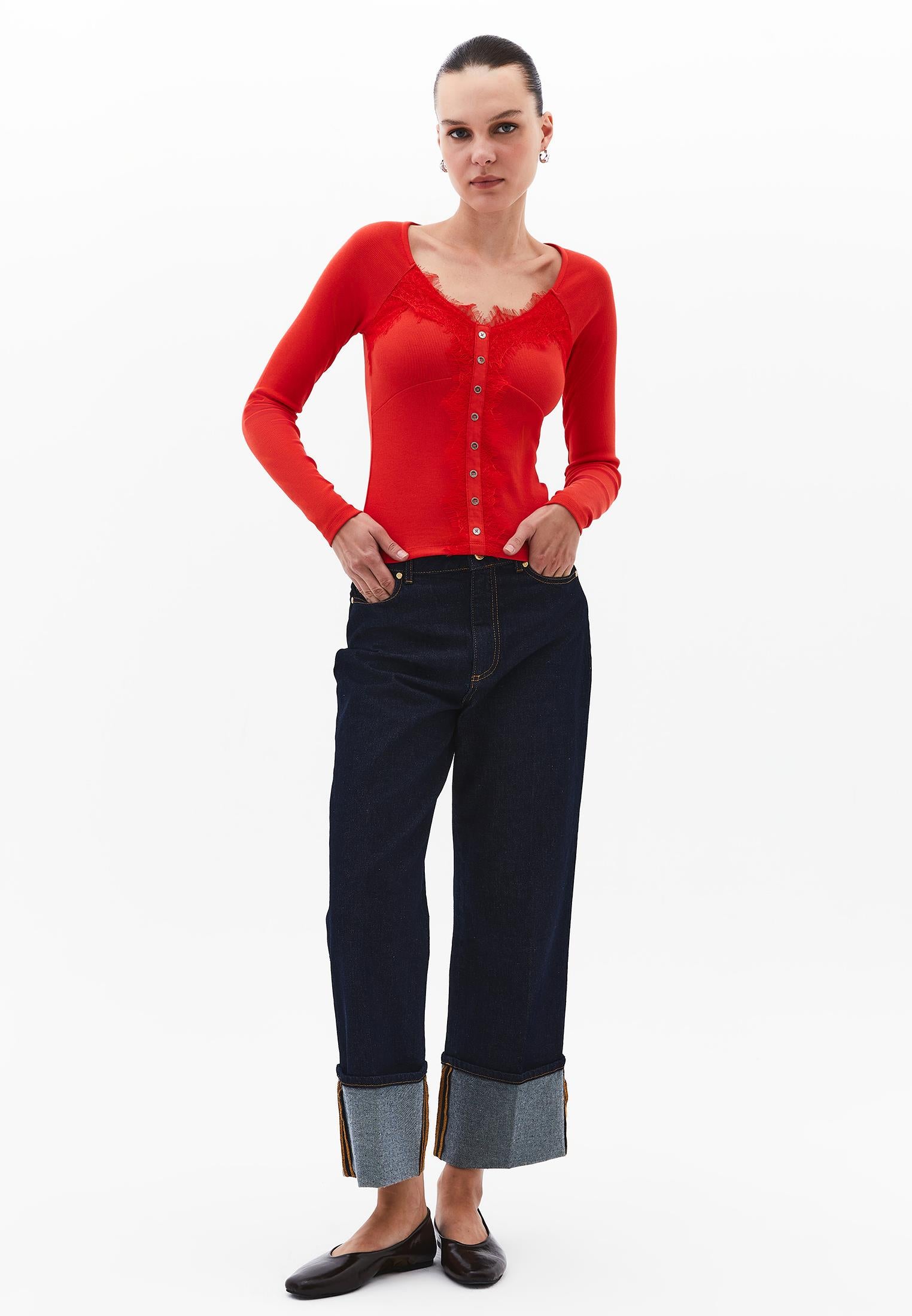 Ribbed Fabric Button Detailed V Neck Long Sleeve T-Shirt - VALIANT POPPY