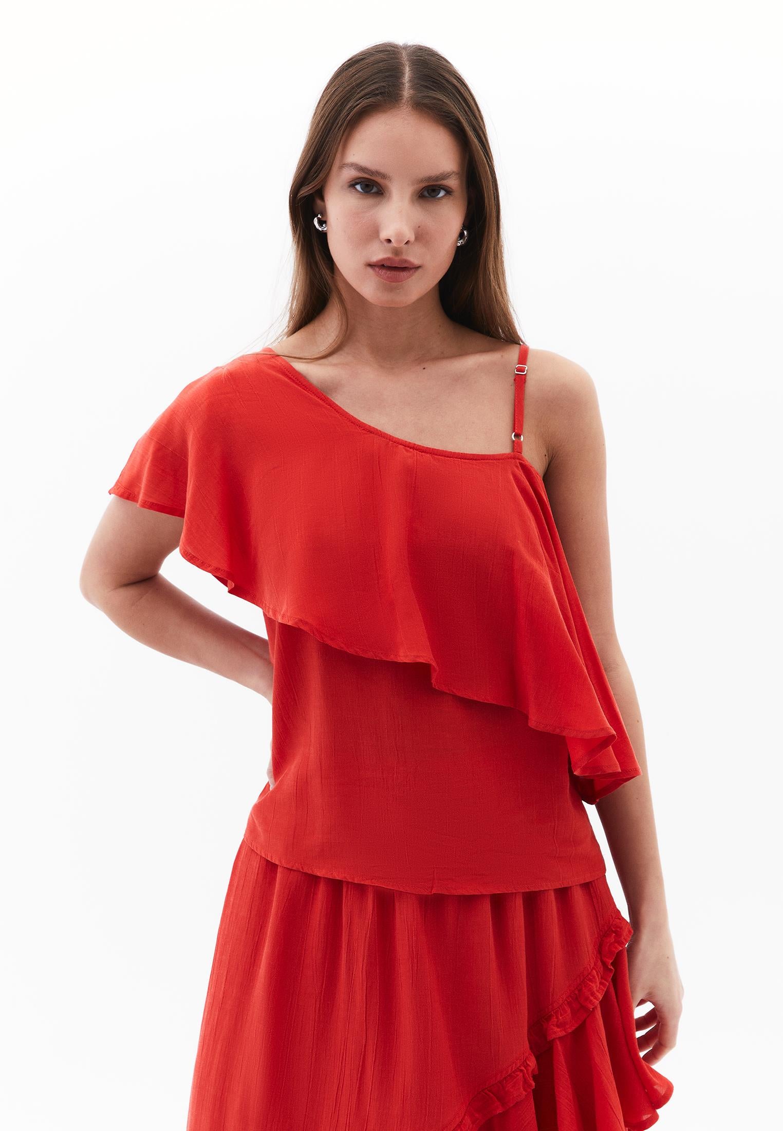 Sleeveless Ruffled Blouse With Dropped Shoulder - VALIANT POPPY