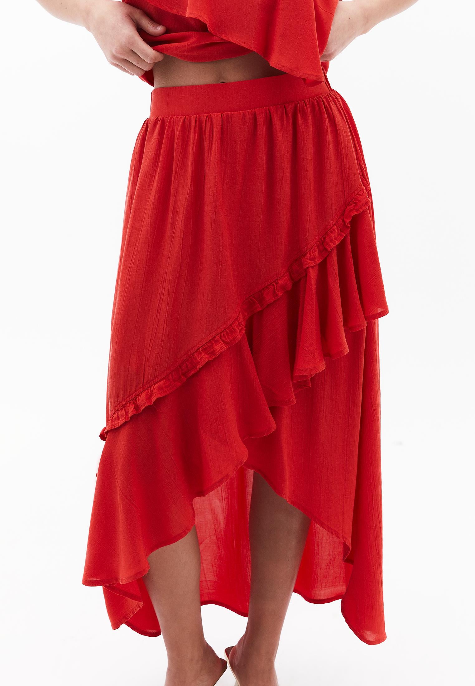 Long A-Line Skirt With Ruffle Details - VALIANT POPPY