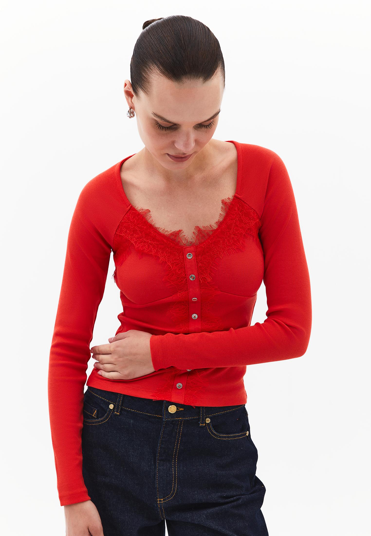 Ribbed Fabric Button Detailed V Neck Long Sleeve T-Shirt - VALIANT POPPY