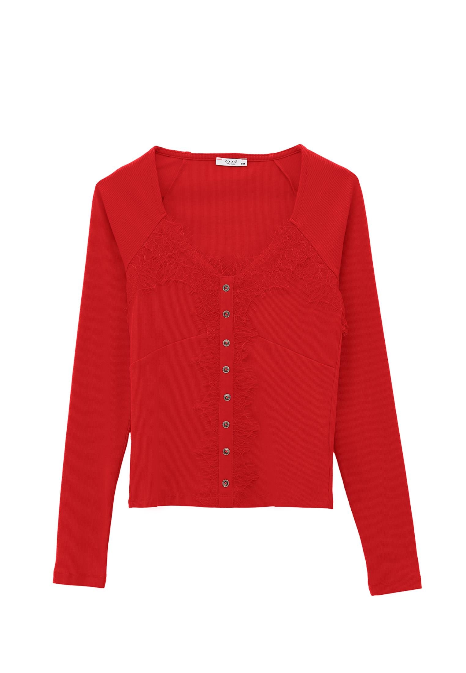 Ribbed Fabric Button Detailed V Neck Long Sleeve T-Shirt - VALIANT POPPY