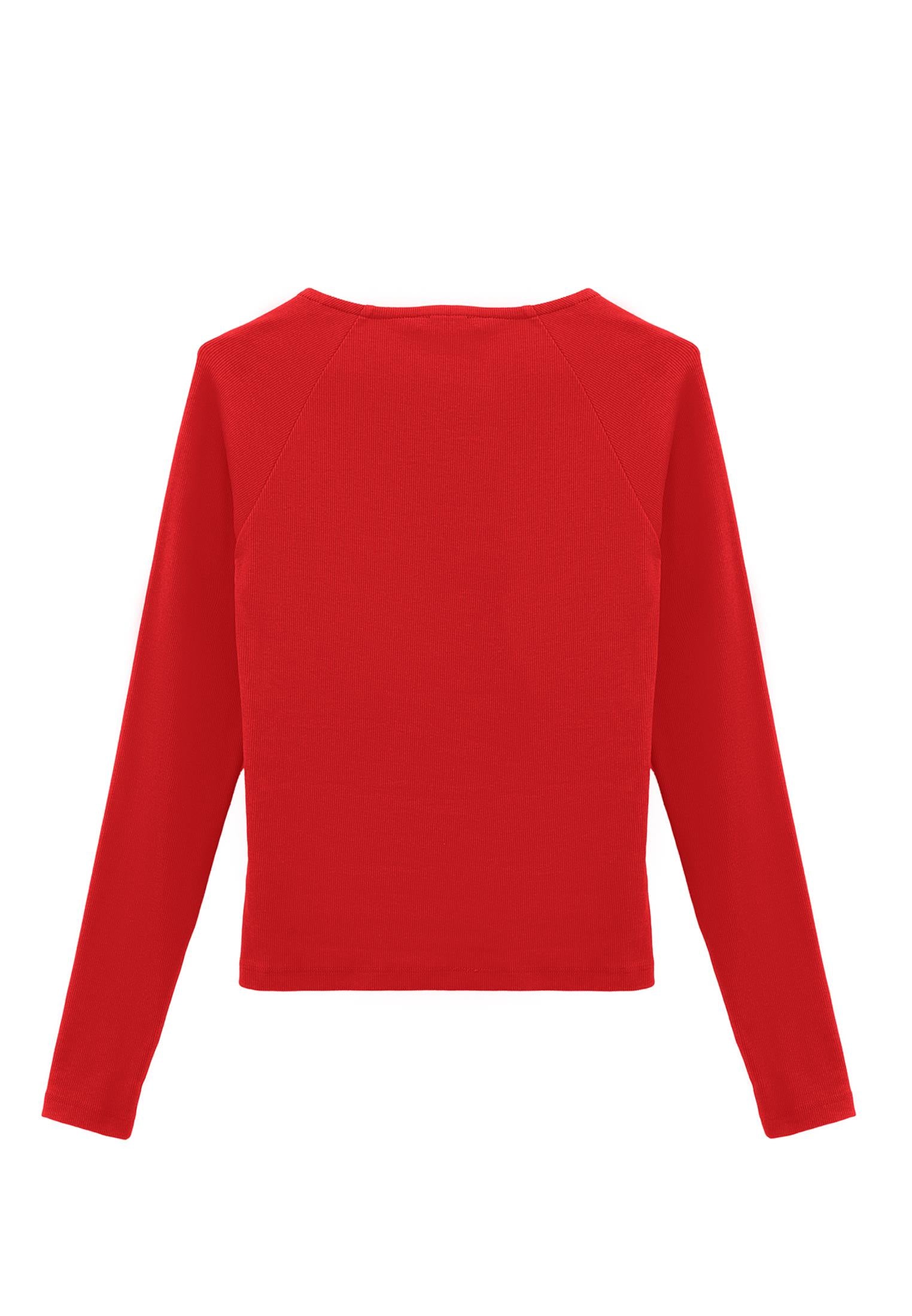 Ribbed Fabric Button Detailed V Neck Long Sleeve T-Shirt - VALIANT POPPY