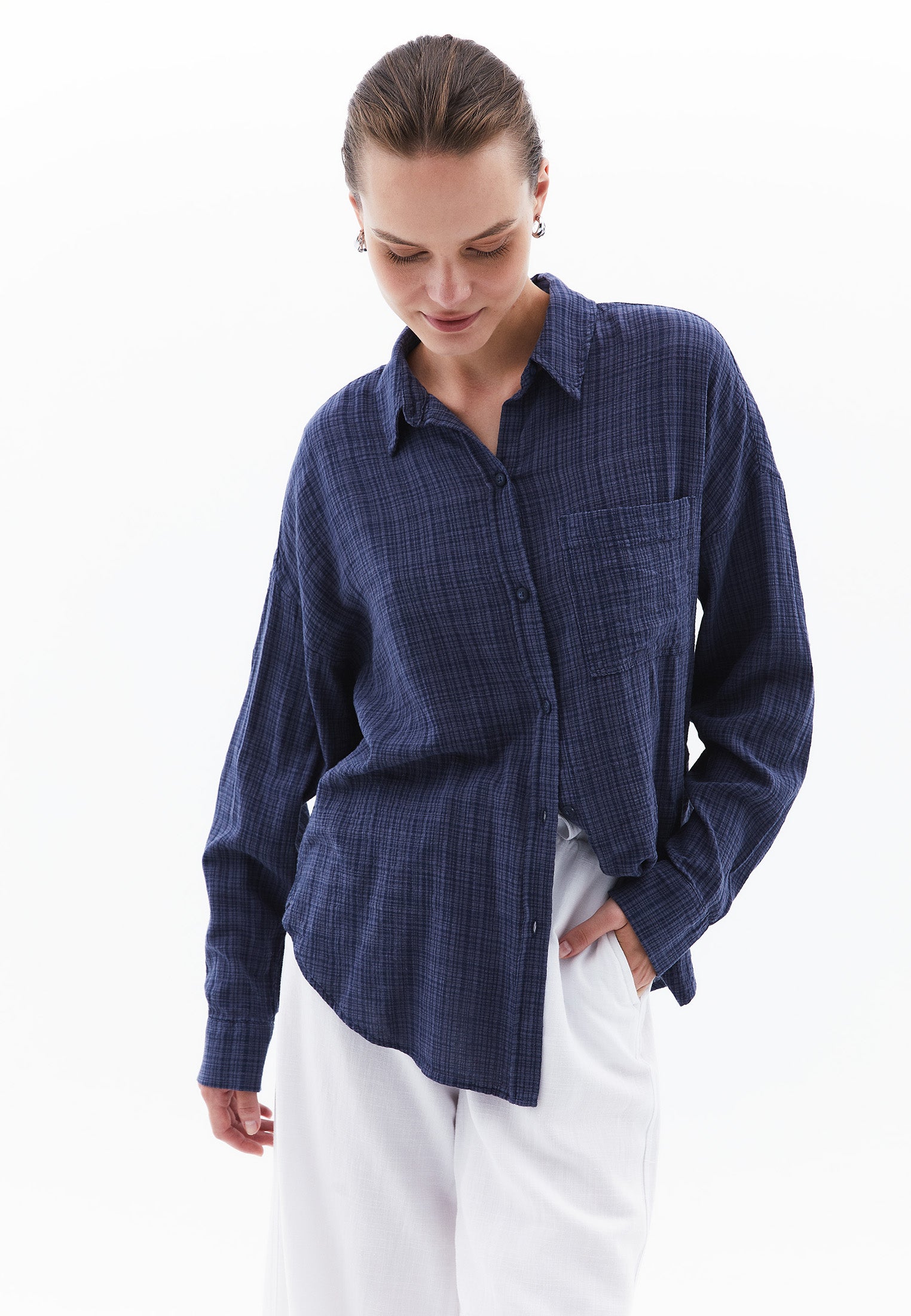 Button Detailed Oversize Long Sleeve Shirt - VINTAGE INDIGO