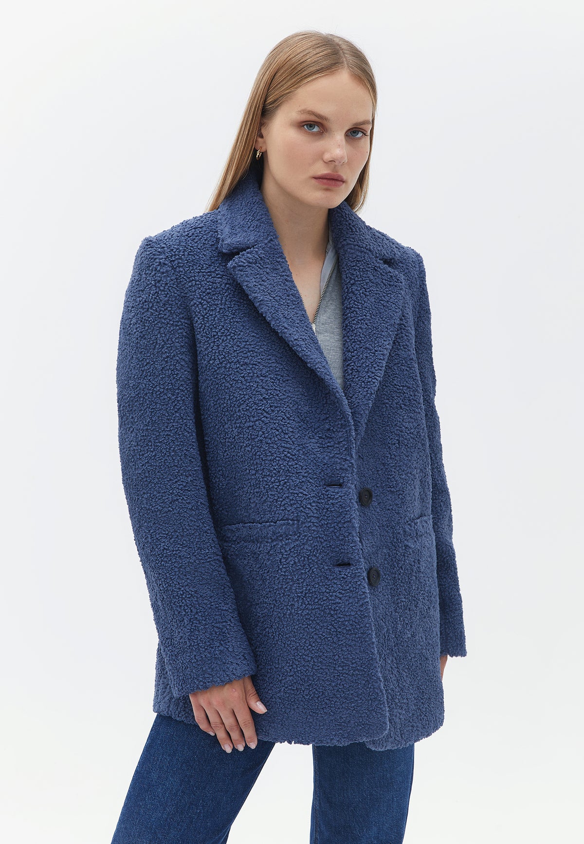 Boucle Fabric Buttoned Oversize Blazer Jacket - VINTAGE INDIGO