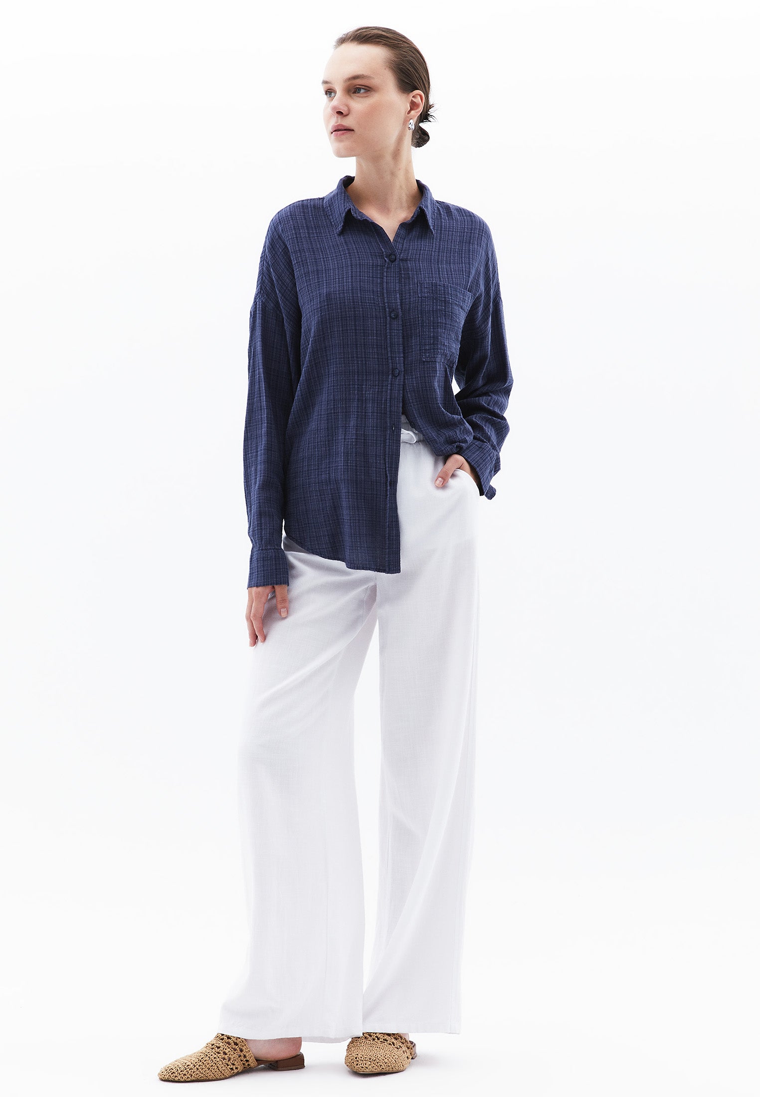 Button Detailed Oversize Long Sleeve Shirt - VINTAGE INDIGO