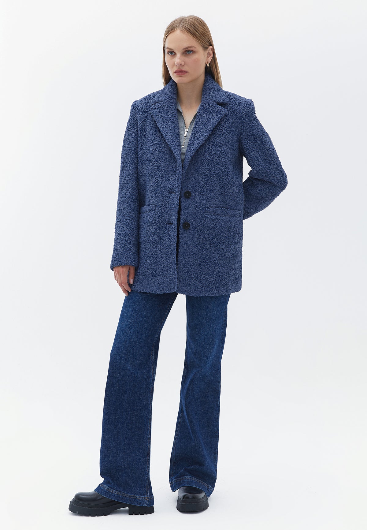 Boucle Fabric Buttoned Oversize Blazer Jacket - VINTAGE INDIGO