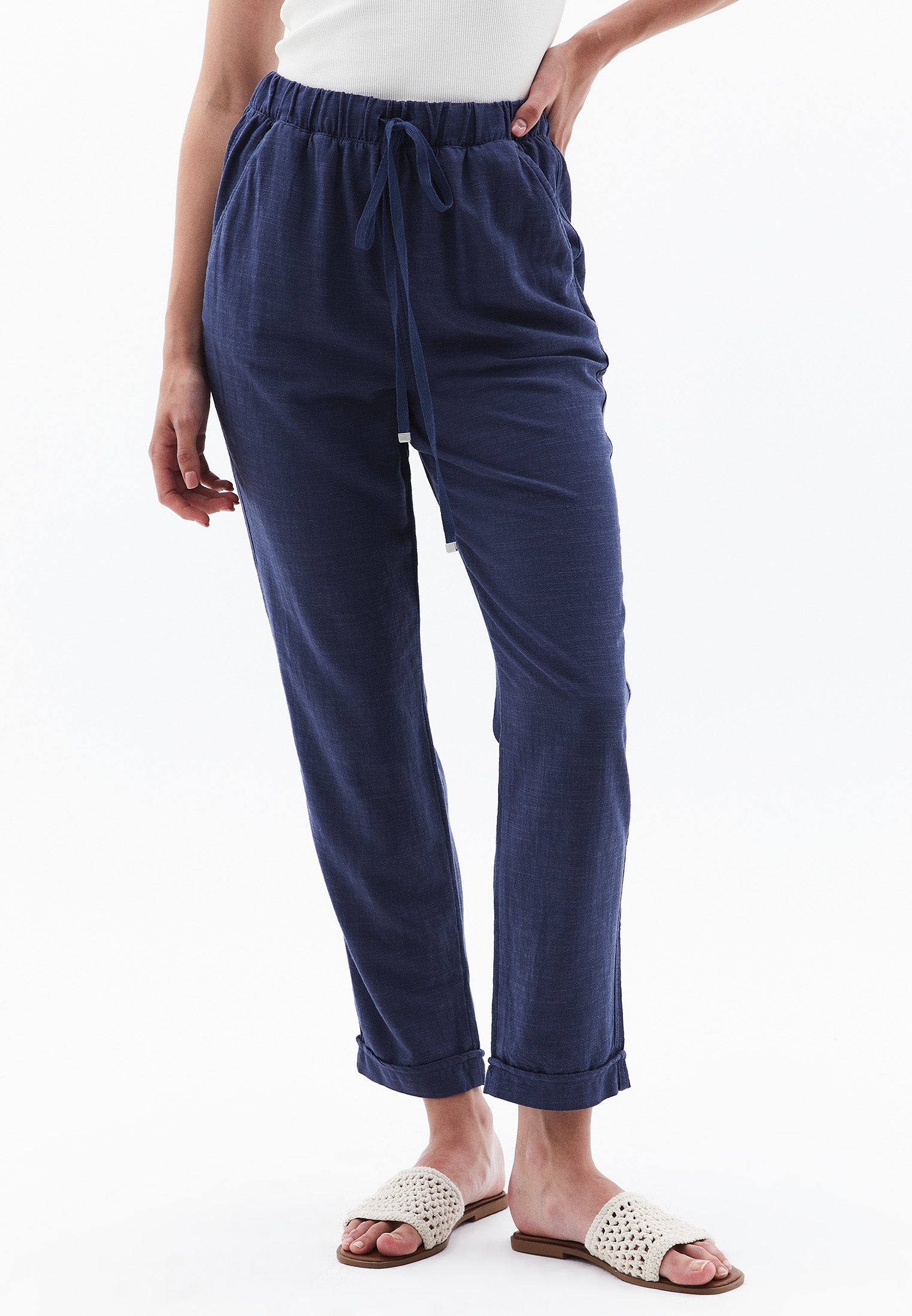 High Waist Elastic Carrot Pants - VINTAGE INDIGO