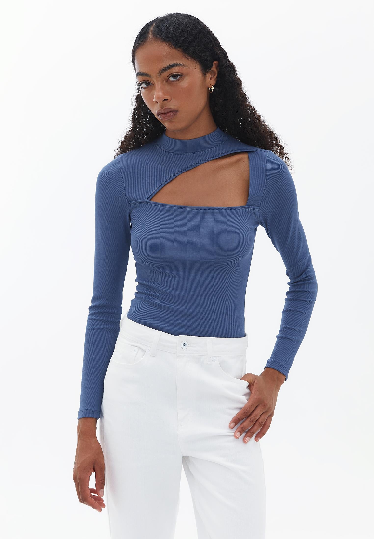 High Neck Long Sleeve Bodycon T-Shirt - VINTAGE INDIGO