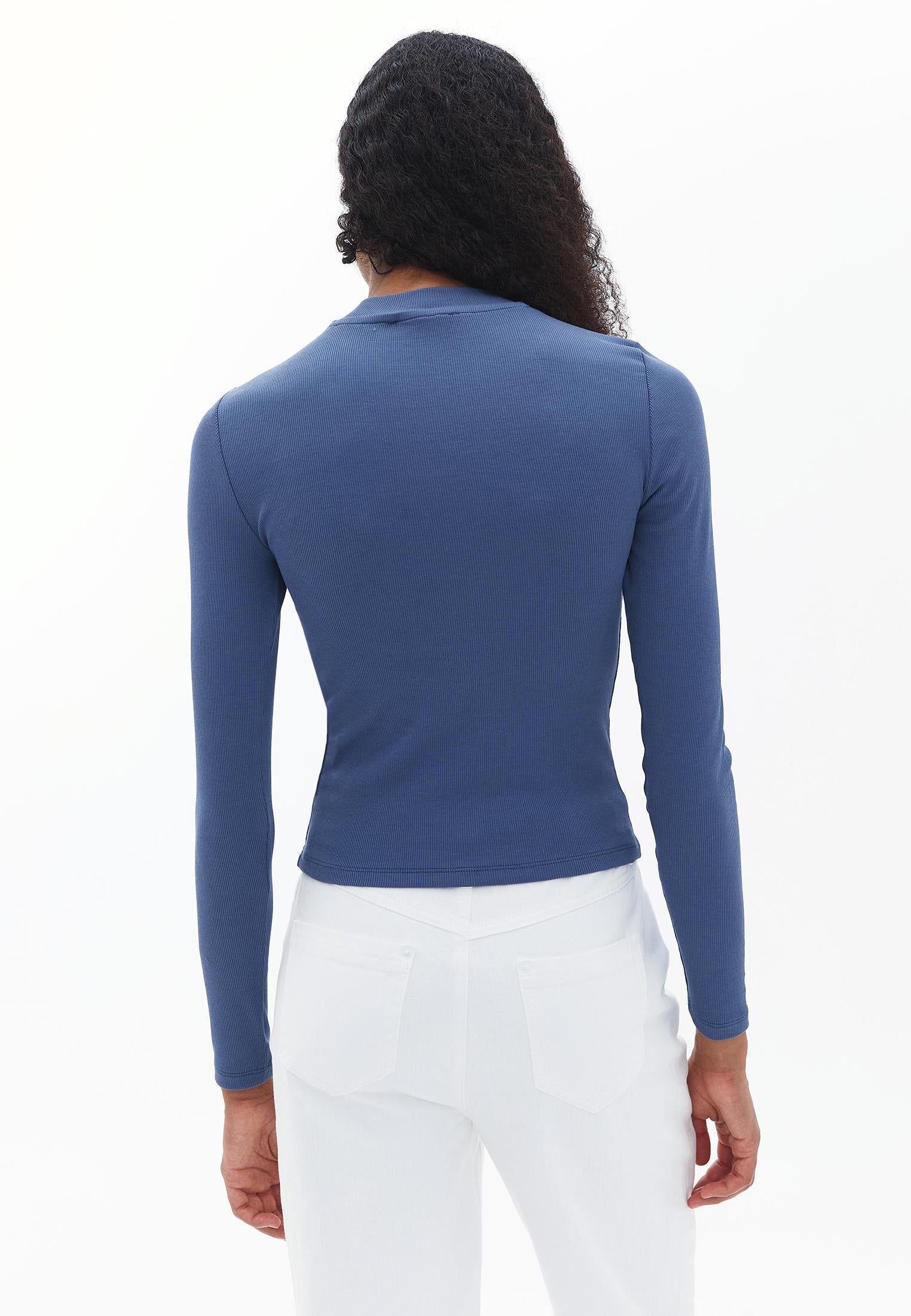 High Neck Long Sleeve Bodycon T-Shirt - VINTAGE INDIGO
