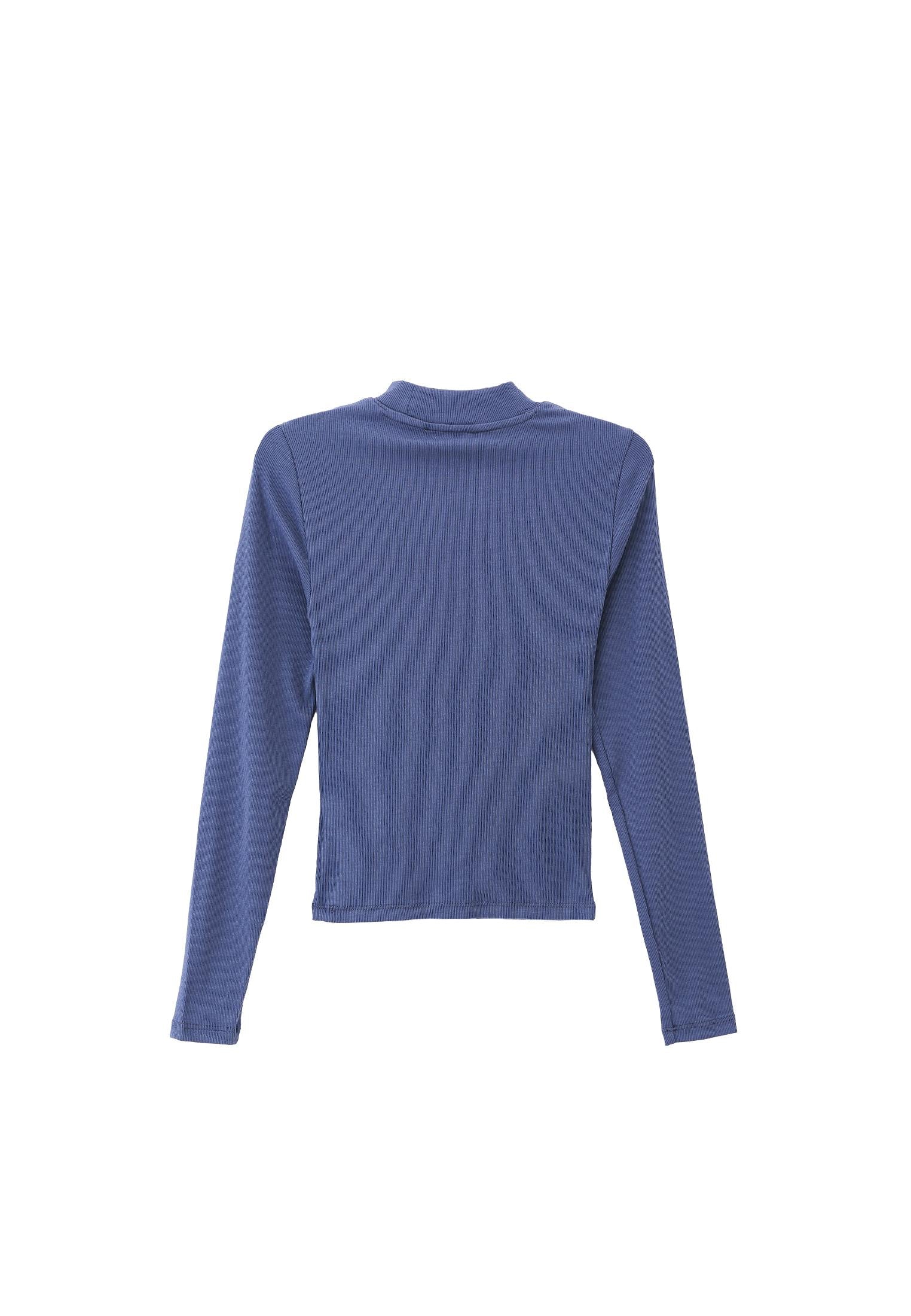 High Neck Long Sleeve Bodycon T-Shirt - VINTAGE INDIGO