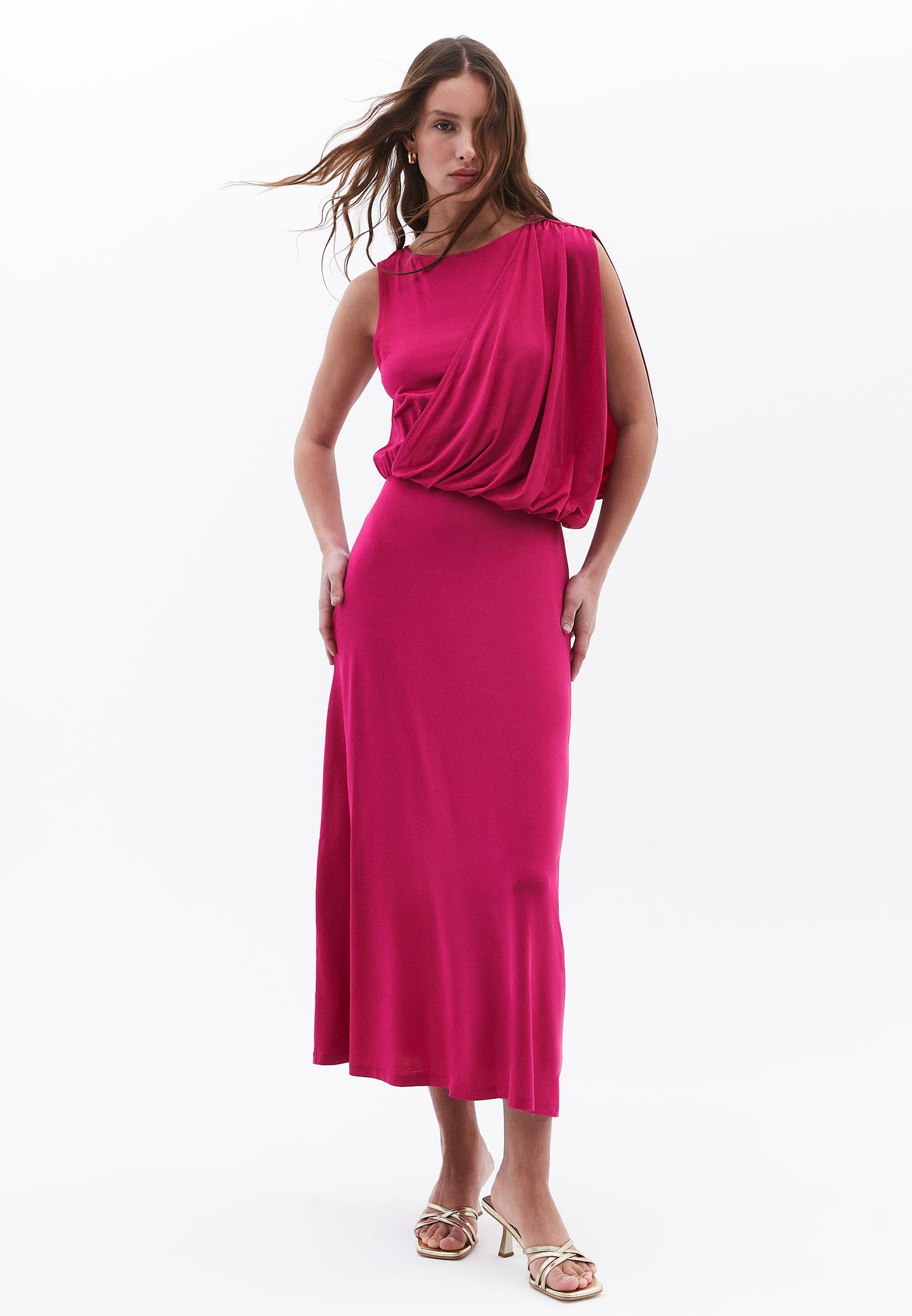 Long Gathered Boat Neck Dress - VIVACIOUS