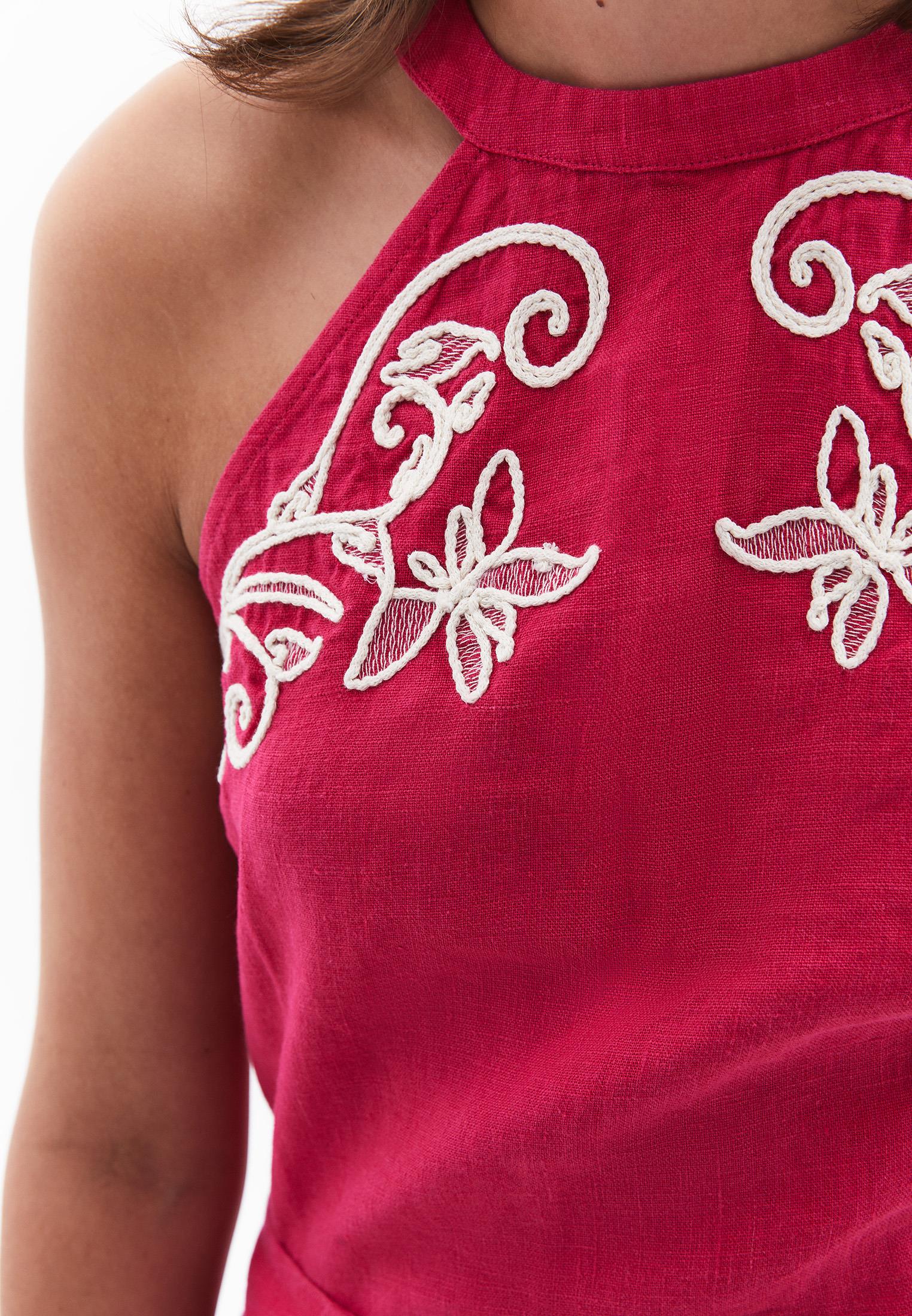 Embroidered Halter Neck Sleeveless Blouse - VIVA MAGENTA