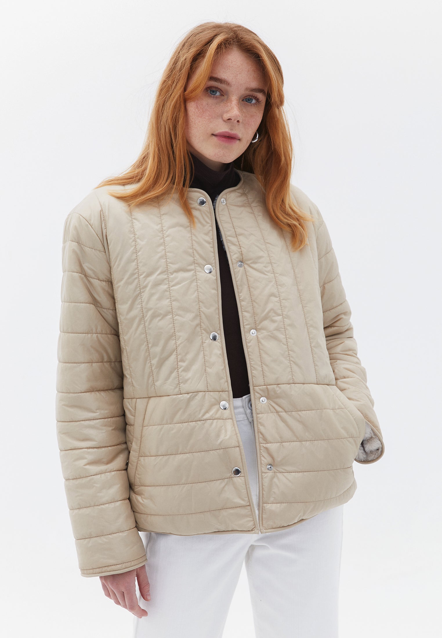 Crew Neck Long Sleeve Quilted Faux Fur Jacket - WARM SAND