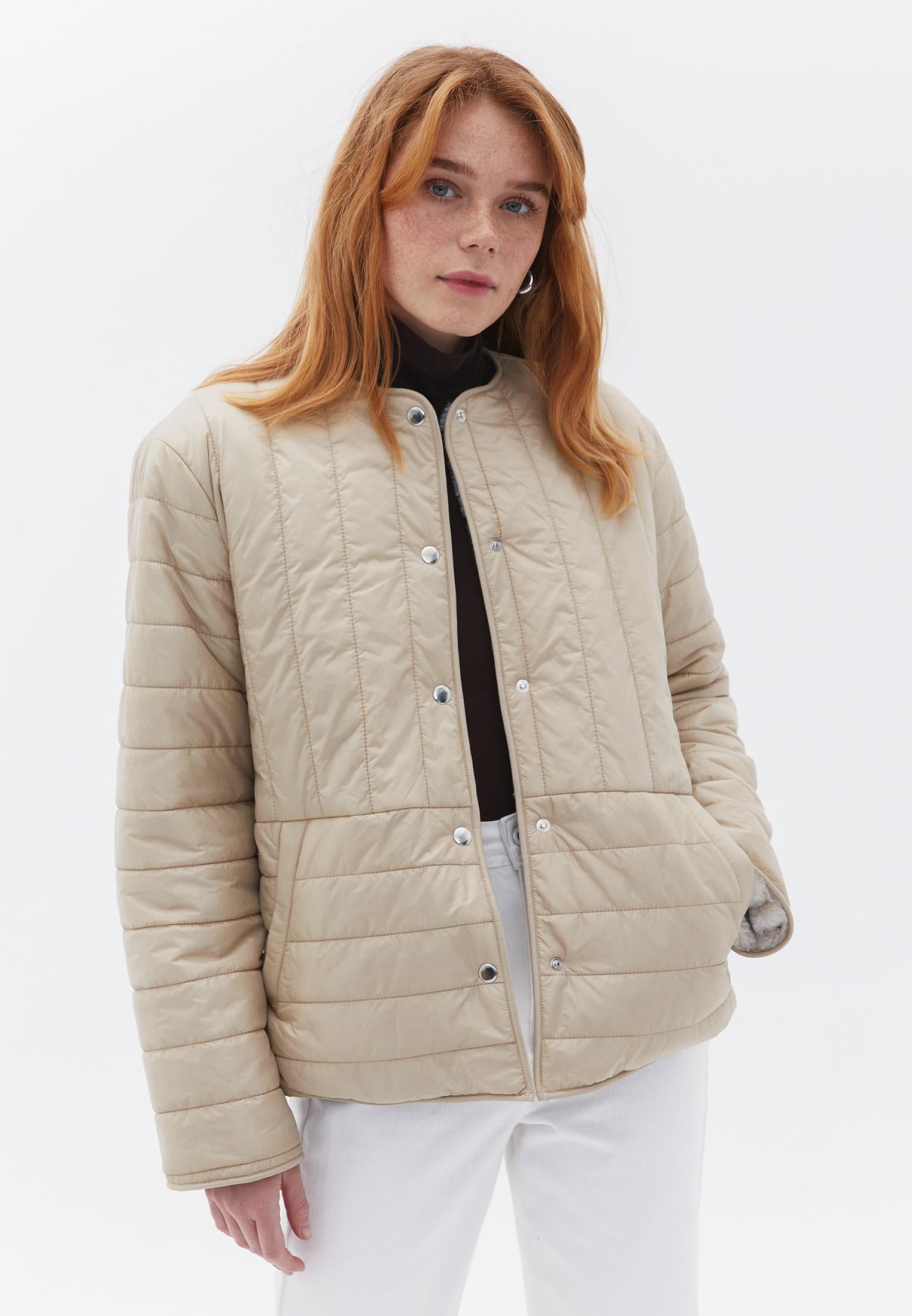 Crew Neck Long Sleeve Quilted Faux Fur Jacket - WARM SAND