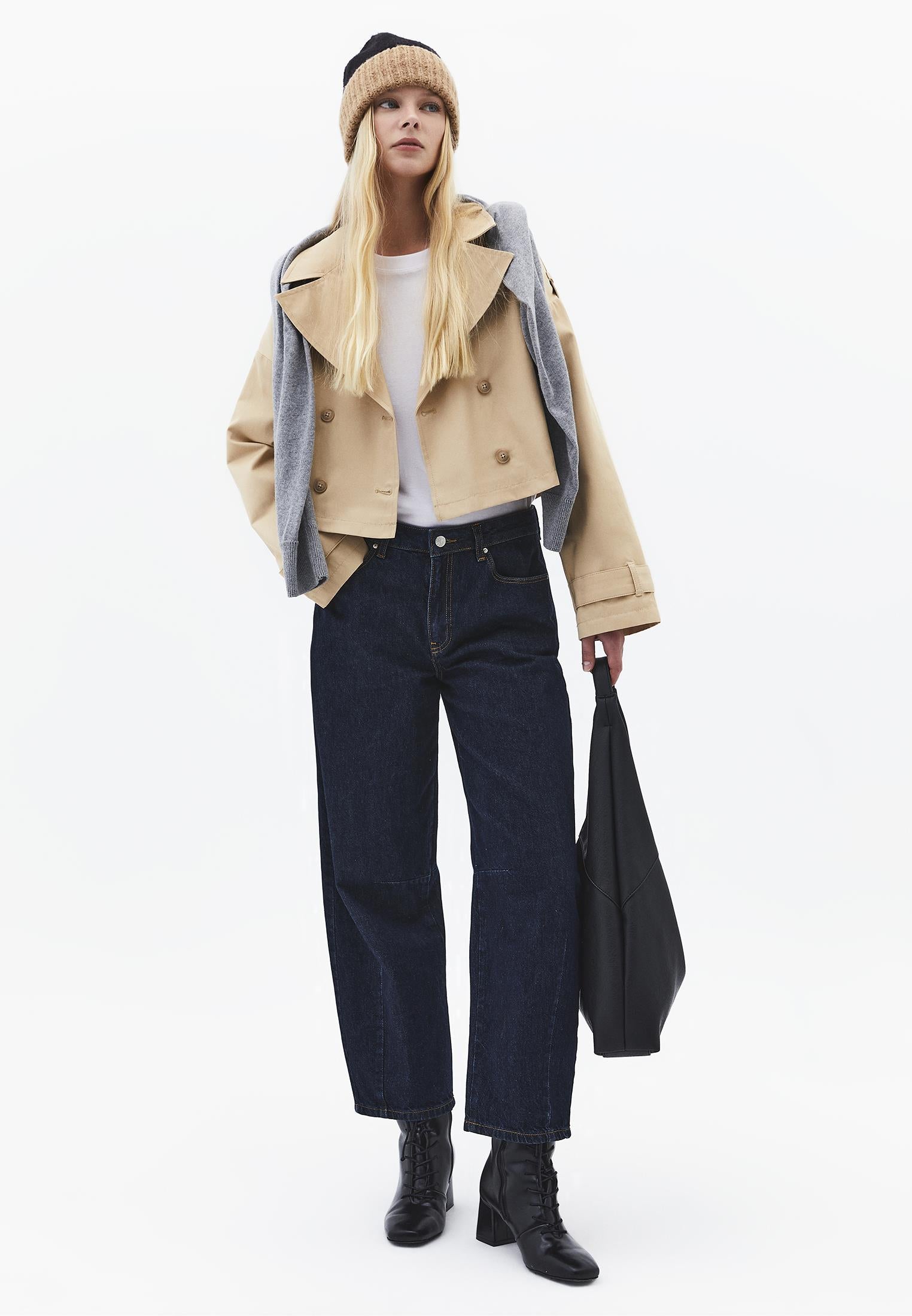 Double Breasted Collar Cropped Trenchcoat - WARM SAND