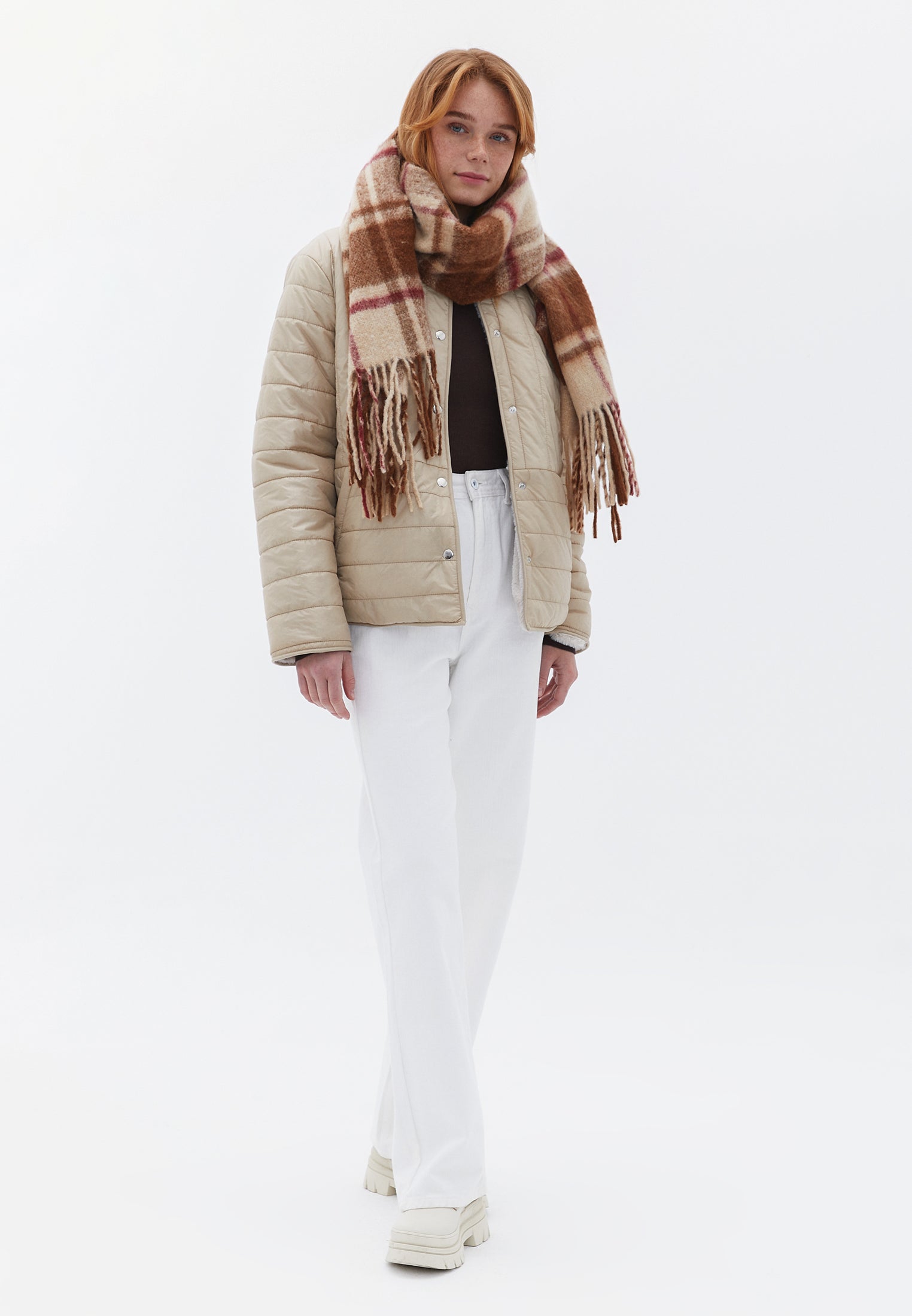 Crew Neck Long Sleeve Quilted Faux Fur Jacket - WARM SAND