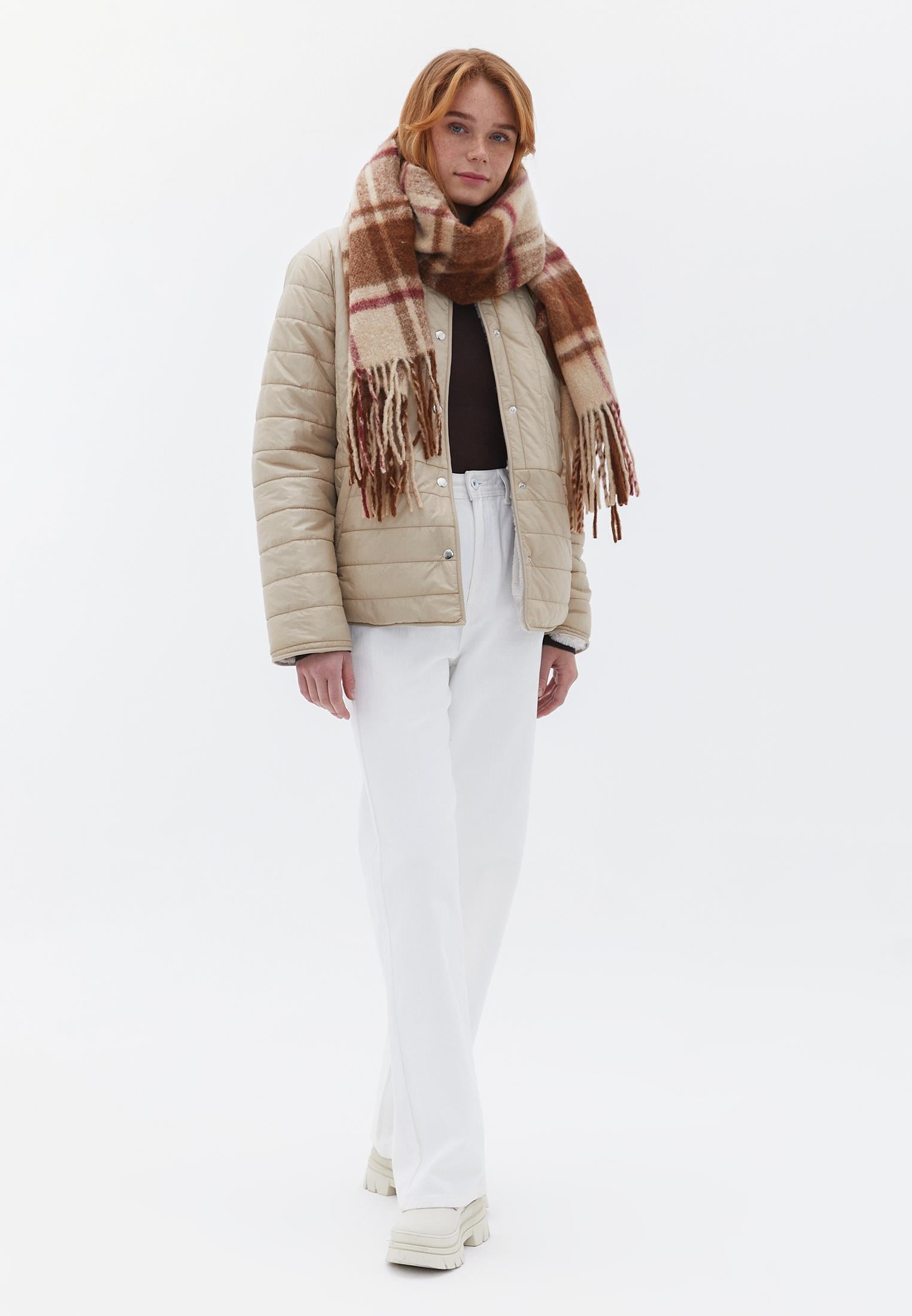Crew Neck Long Sleeve Quilted Faux Fur Jacket - WARM SAND