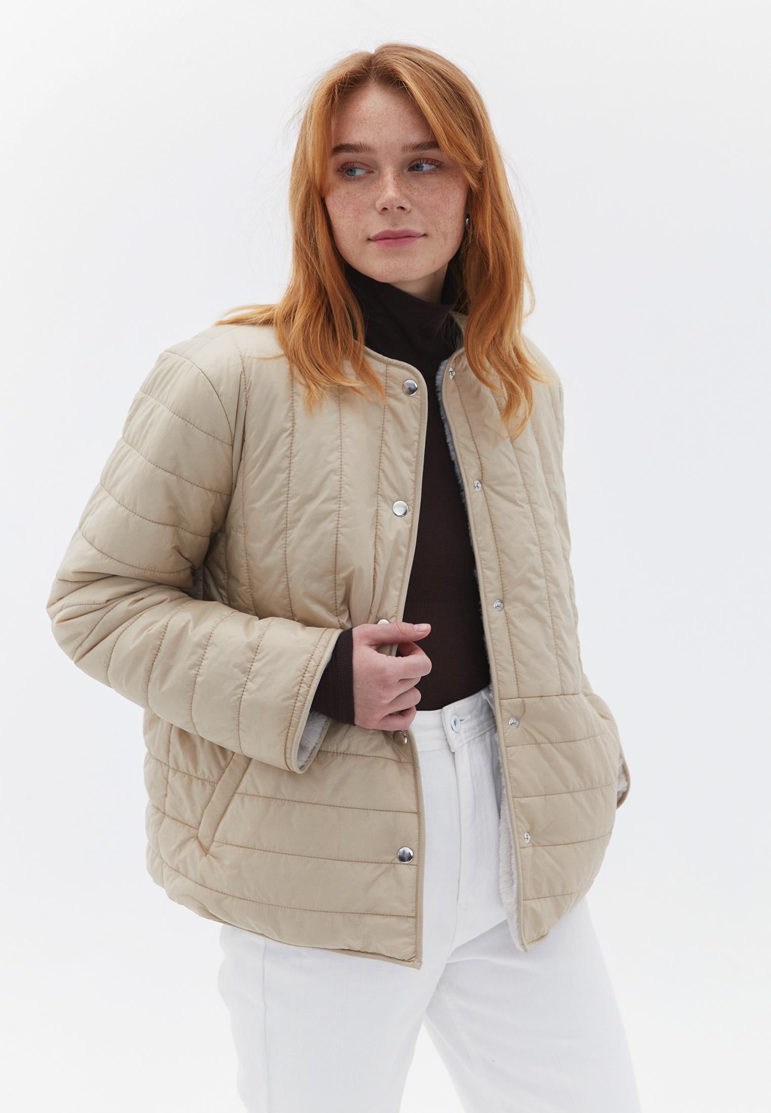 Crew Neck Long Sleeve Quilted Faux Fur Jacket - WARM SAND