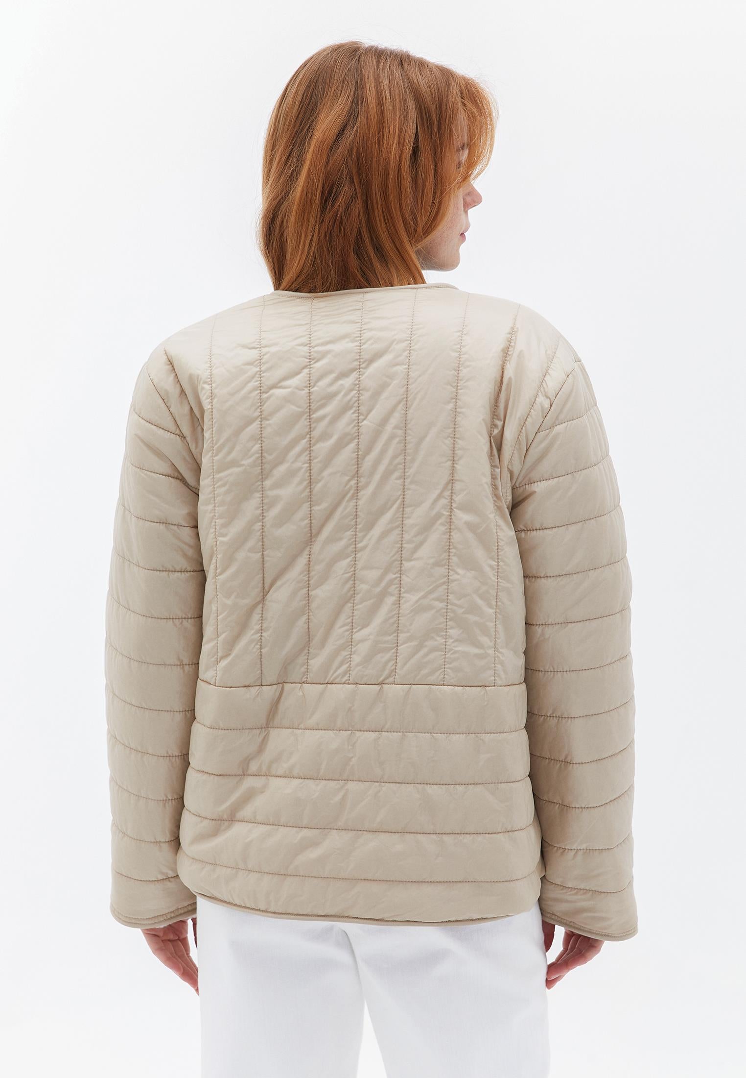 Crew Neck Long Sleeve Quilted Faux Fur Jacket - WARM SAND
