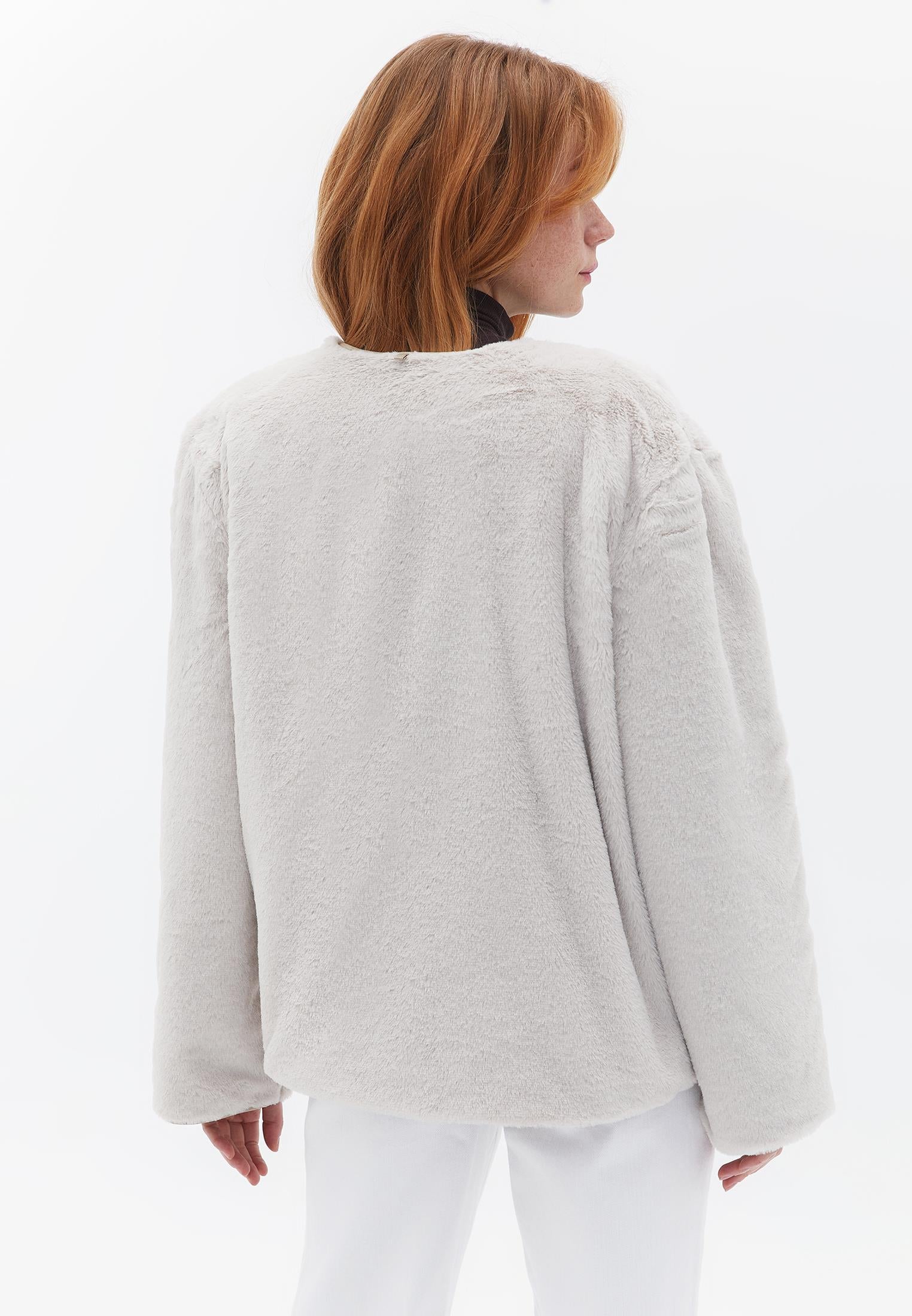 Crew Neck Long Sleeve Quilted Faux Fur Jacket - WARM SAND