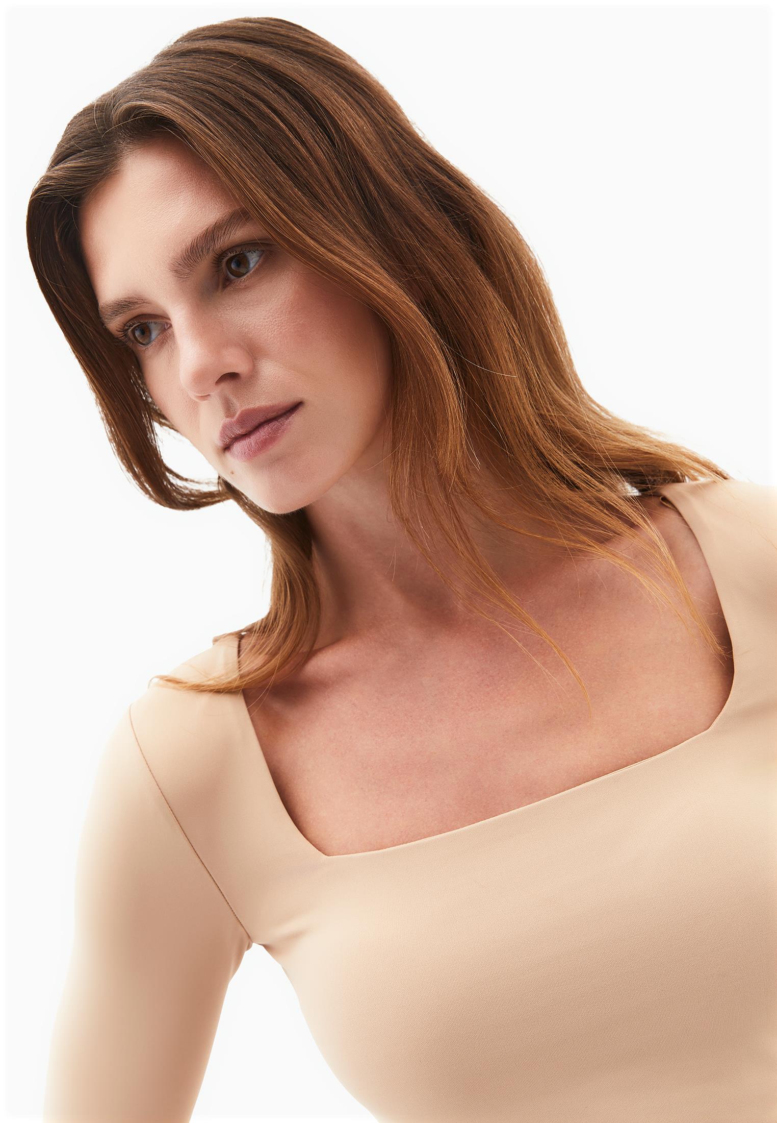 Square Neck Body-Fitting Long Sleeve T-Shirt - WARM TAUPE