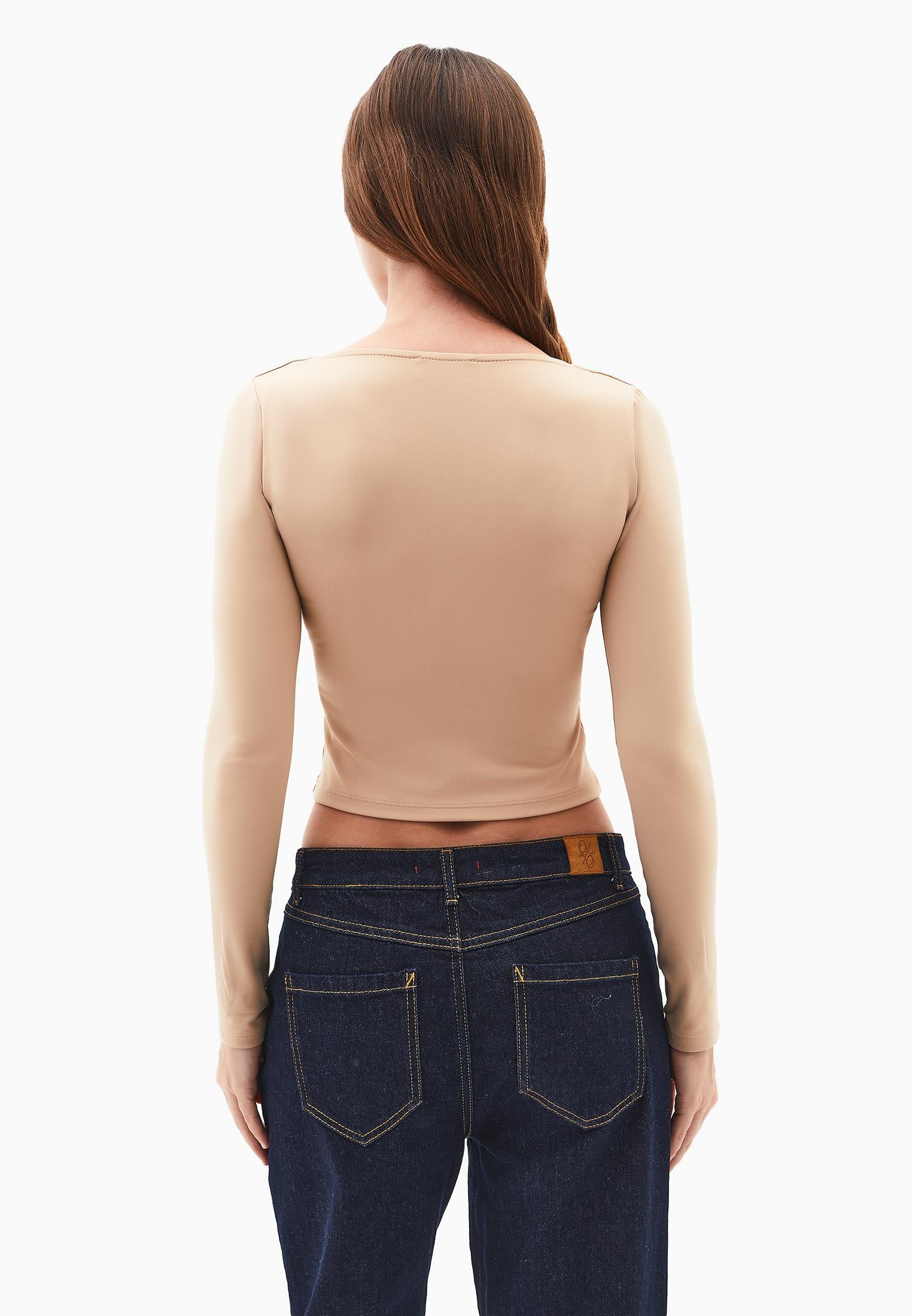 Square Neck Body-Fitting Long Sleeve T-Shirt - WARM TAUPE