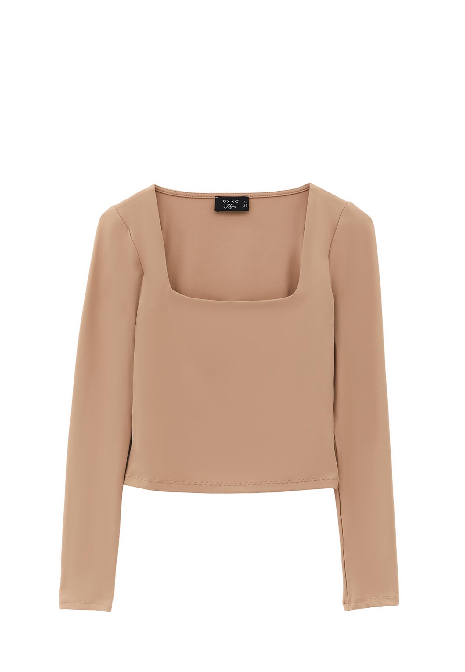 Square Neck Body-Fitting Long Sleeve T-Shirt - WARM TAUPE