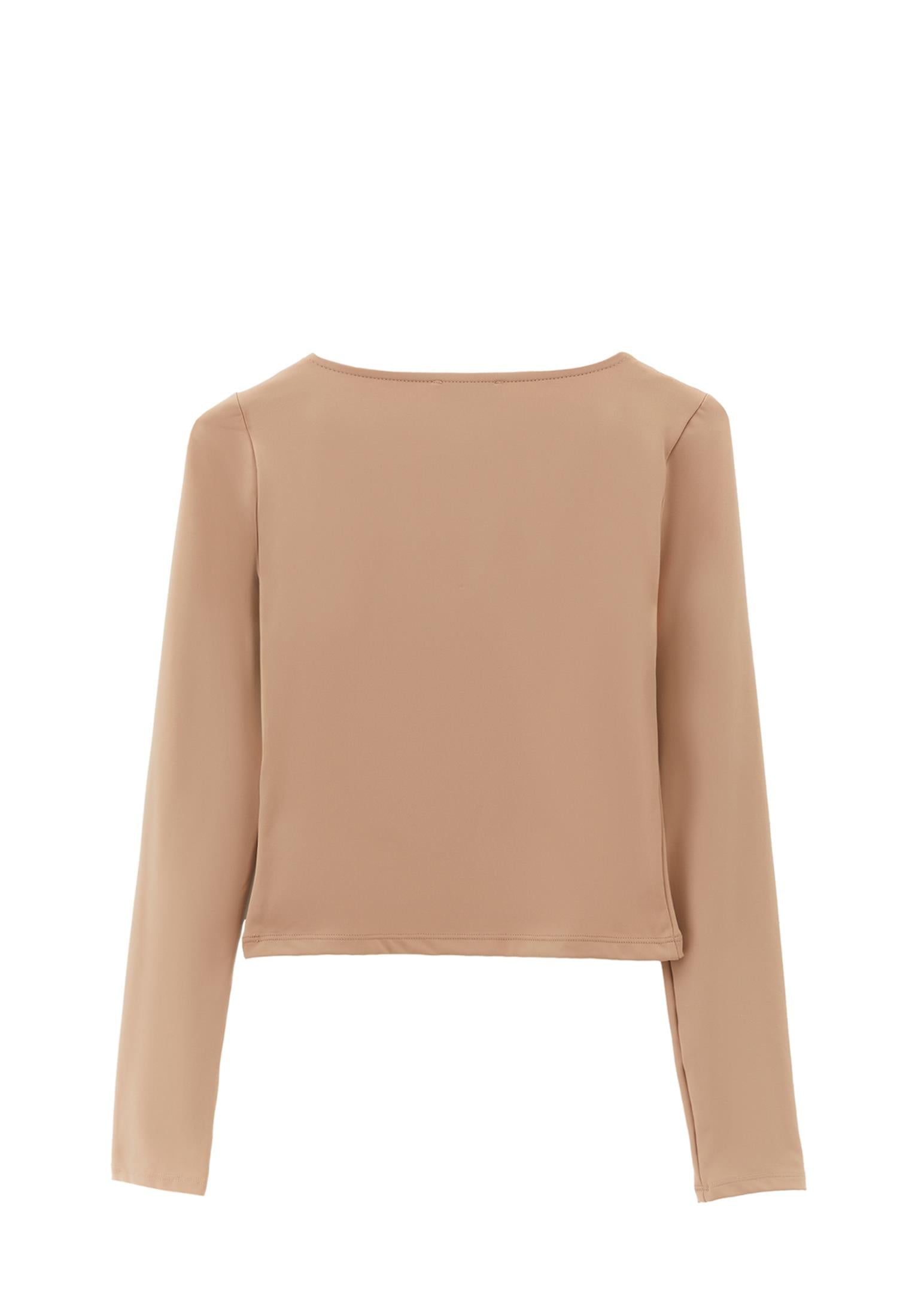 Square Neck Body-Fitting Long Sleeve T-Shirt - WARM TAUPE
