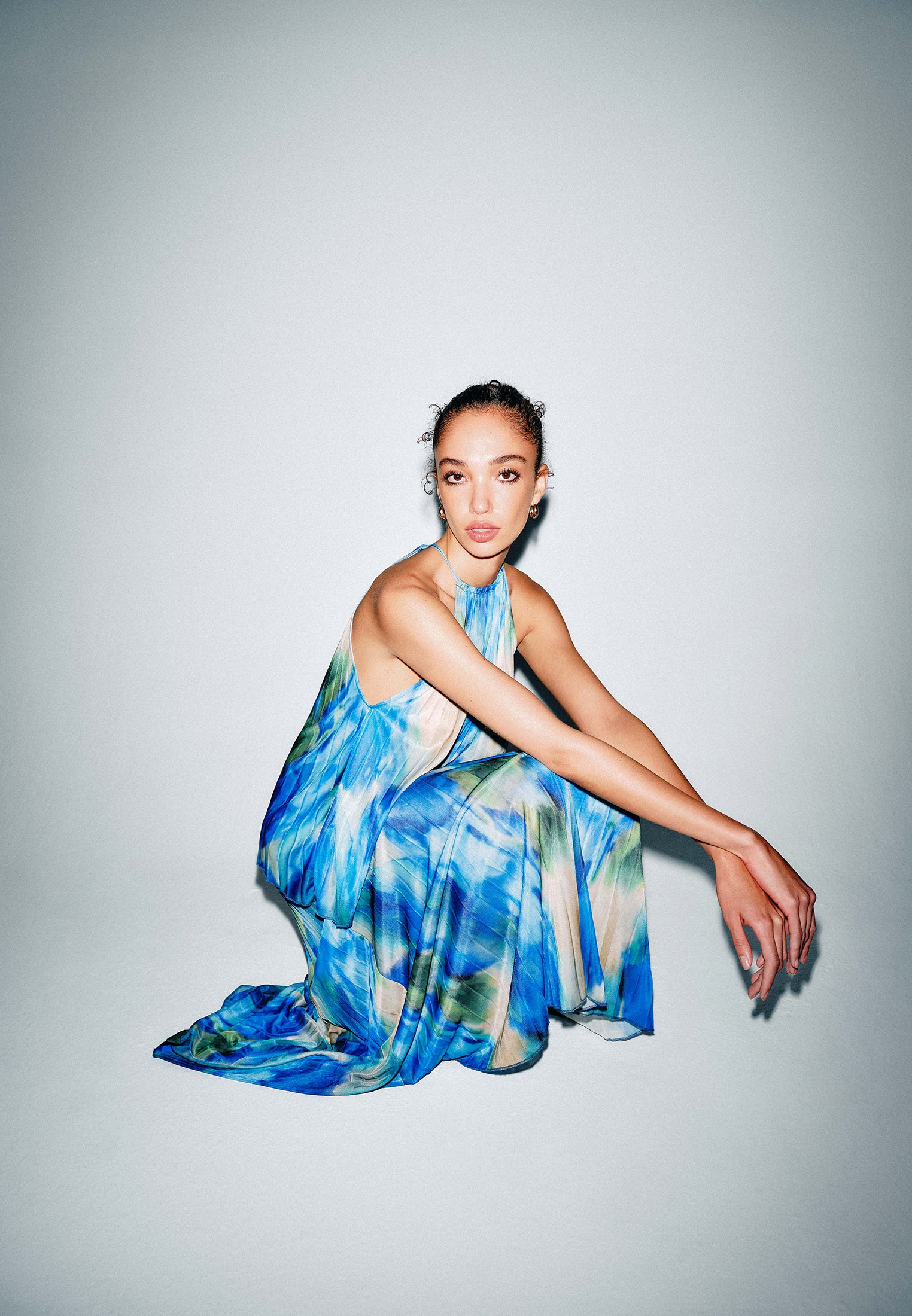 Pleated Printed Long Flared Skirt - WATERCOLOR COMB