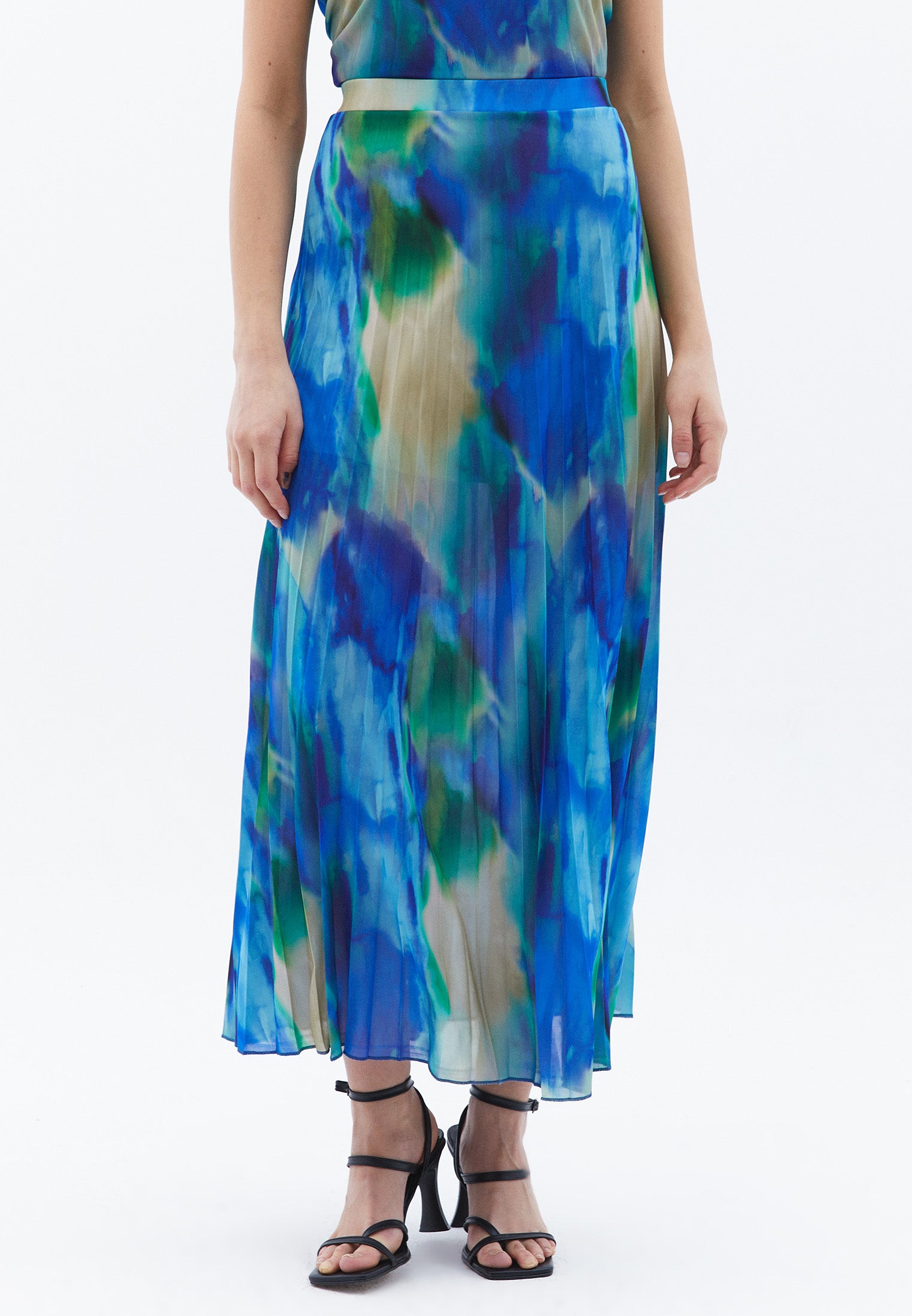 Pleated Printed Long Flared Skirt - WATERCOLOR COMB