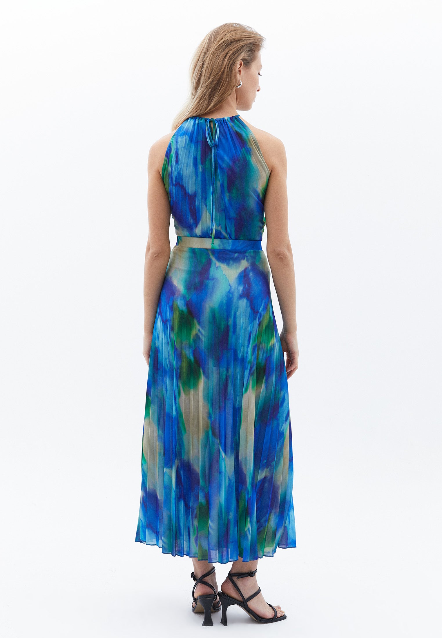 Pleated Printed Long Flared Skirt - WATERCOLOR COMB