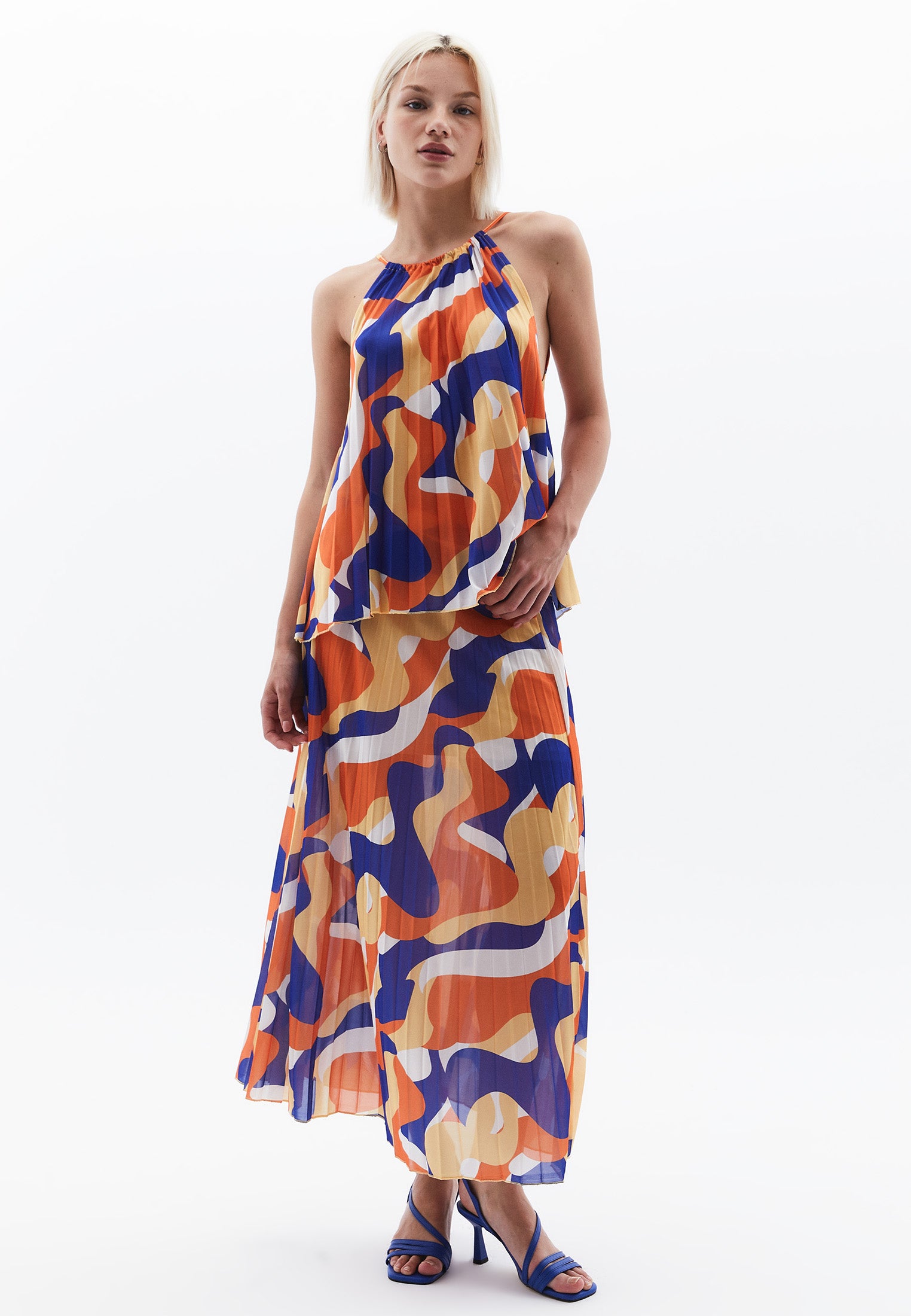 Pleated Printed Long Flared Skirt - WAVE COMB