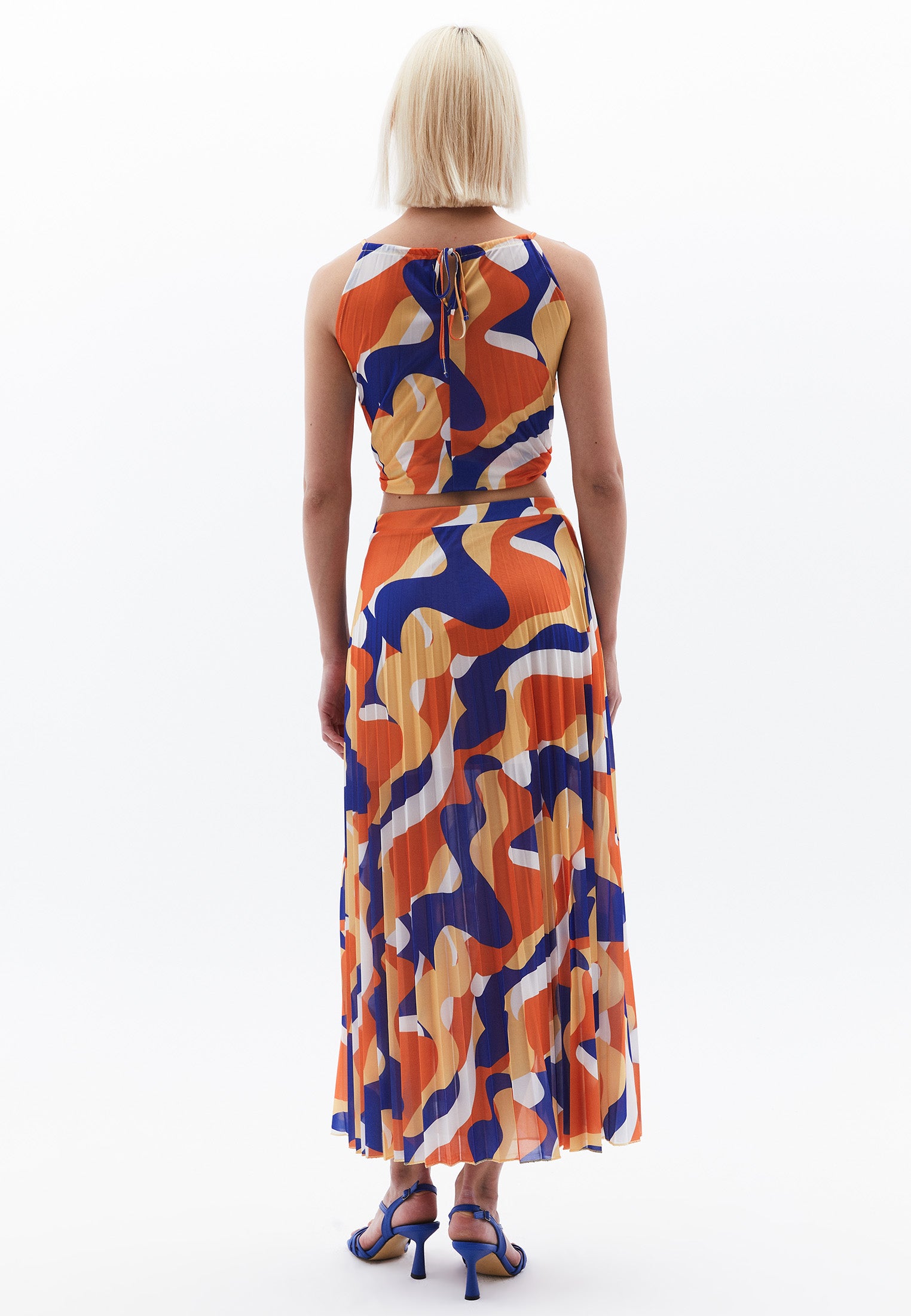 Pleated Printed Long Flared Skirt - WAVE COMB