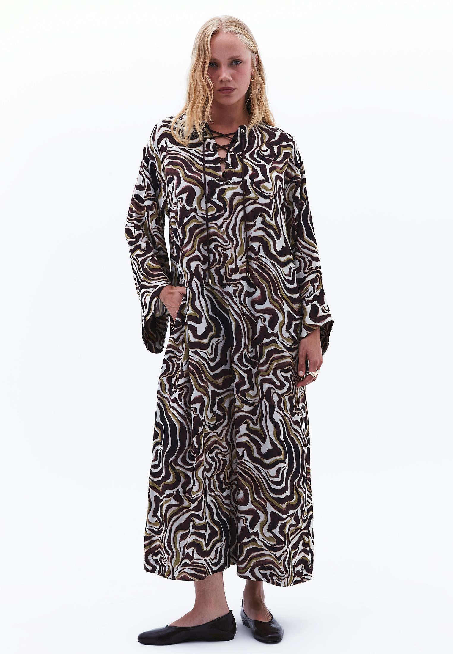 V Neck Printed Tie Long Dress - WAVY COMB