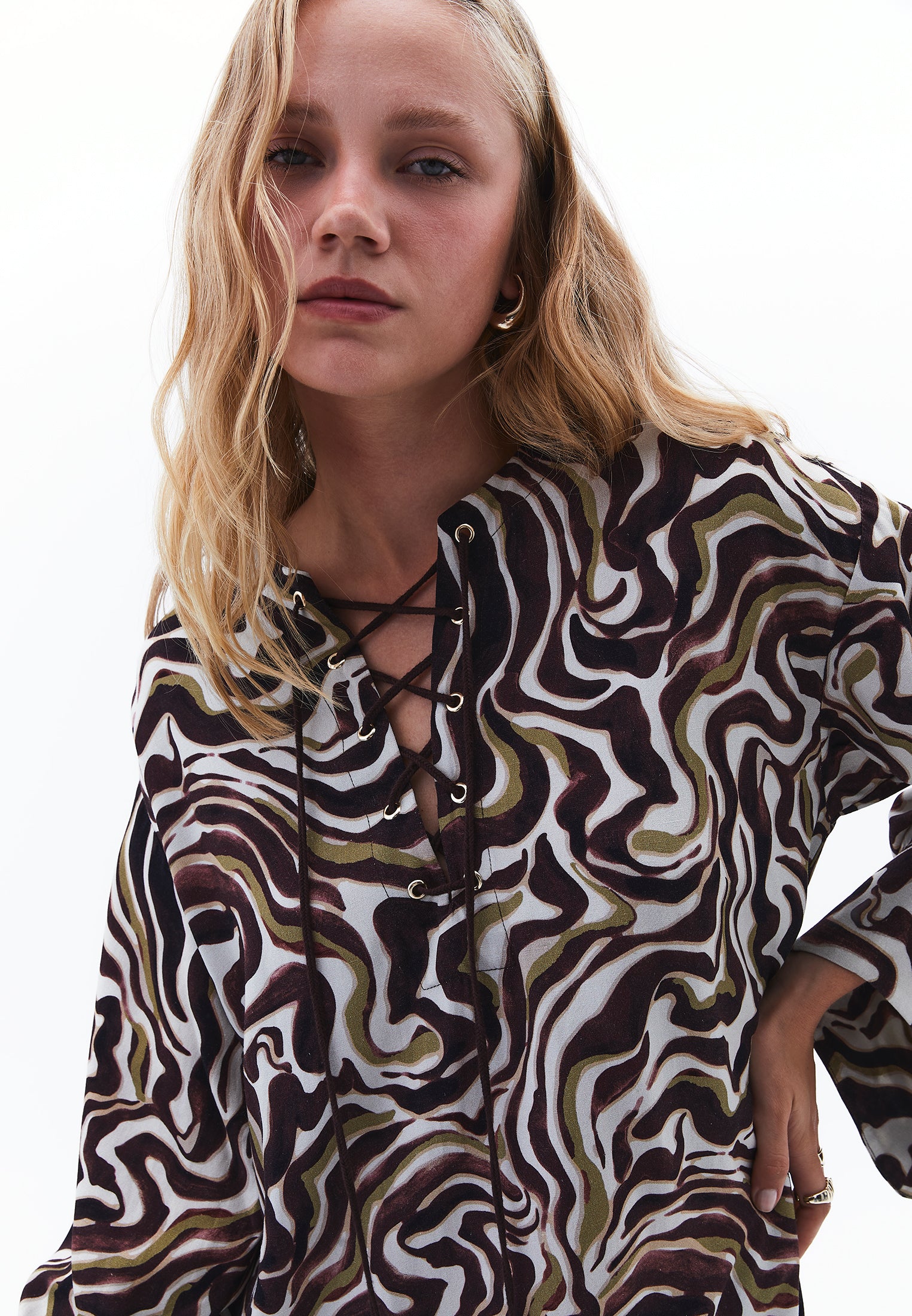 V Neck Printed Tie Long Dress - WAVY COMB