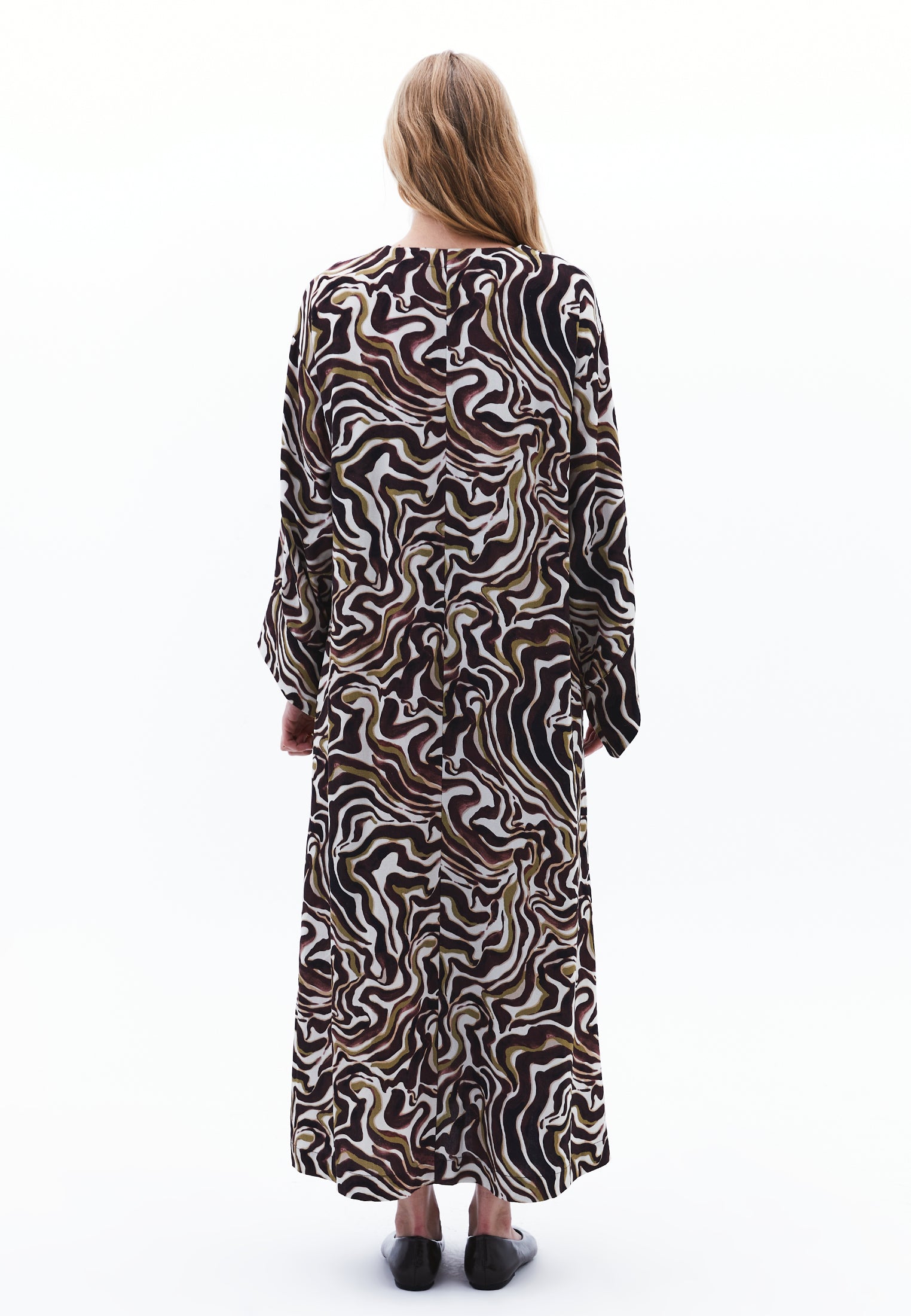 V Neck Printed Tie Long Dress - WAVY COMB
