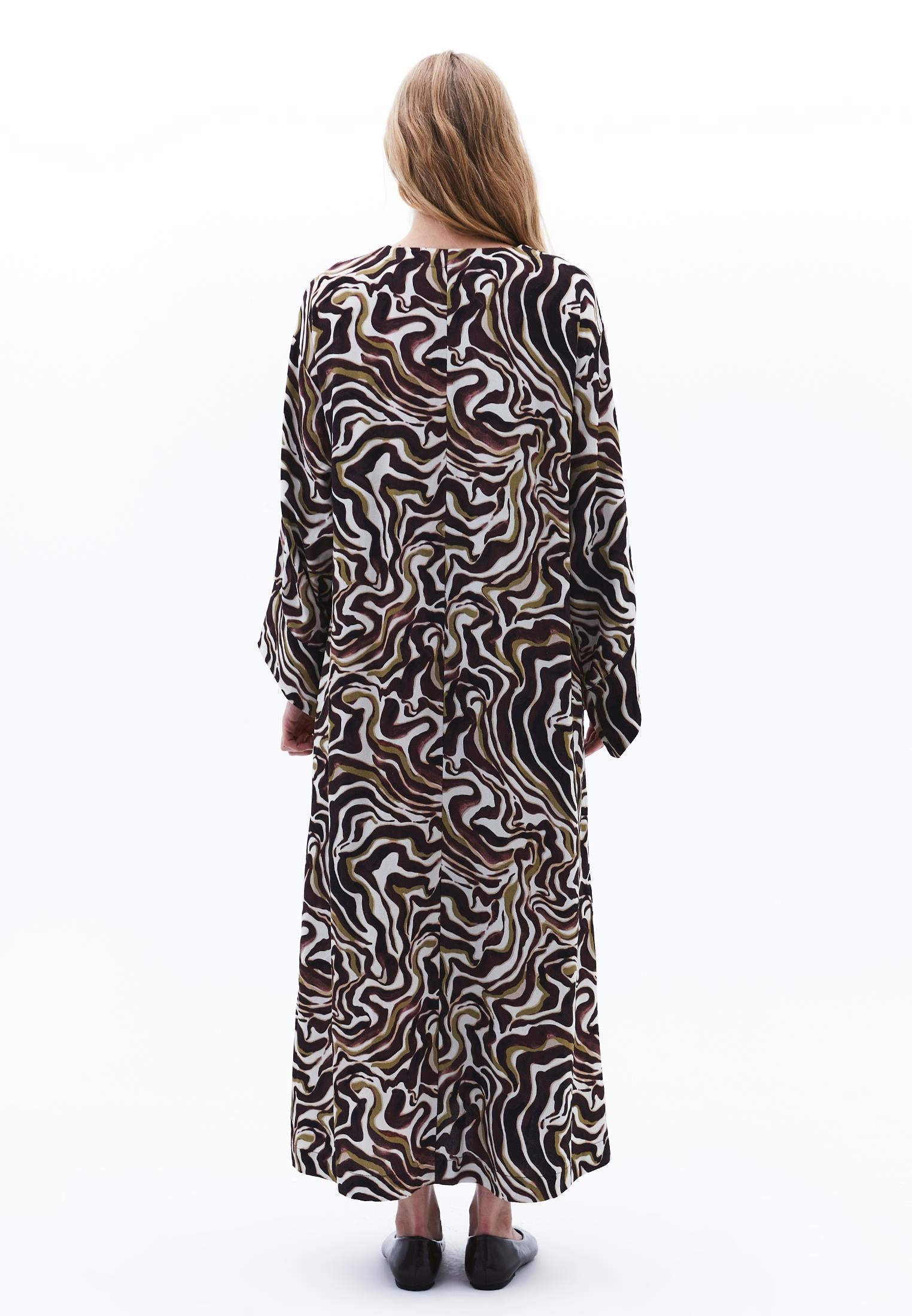 V Neck Printed Tie Long Dress - WAVY COMB