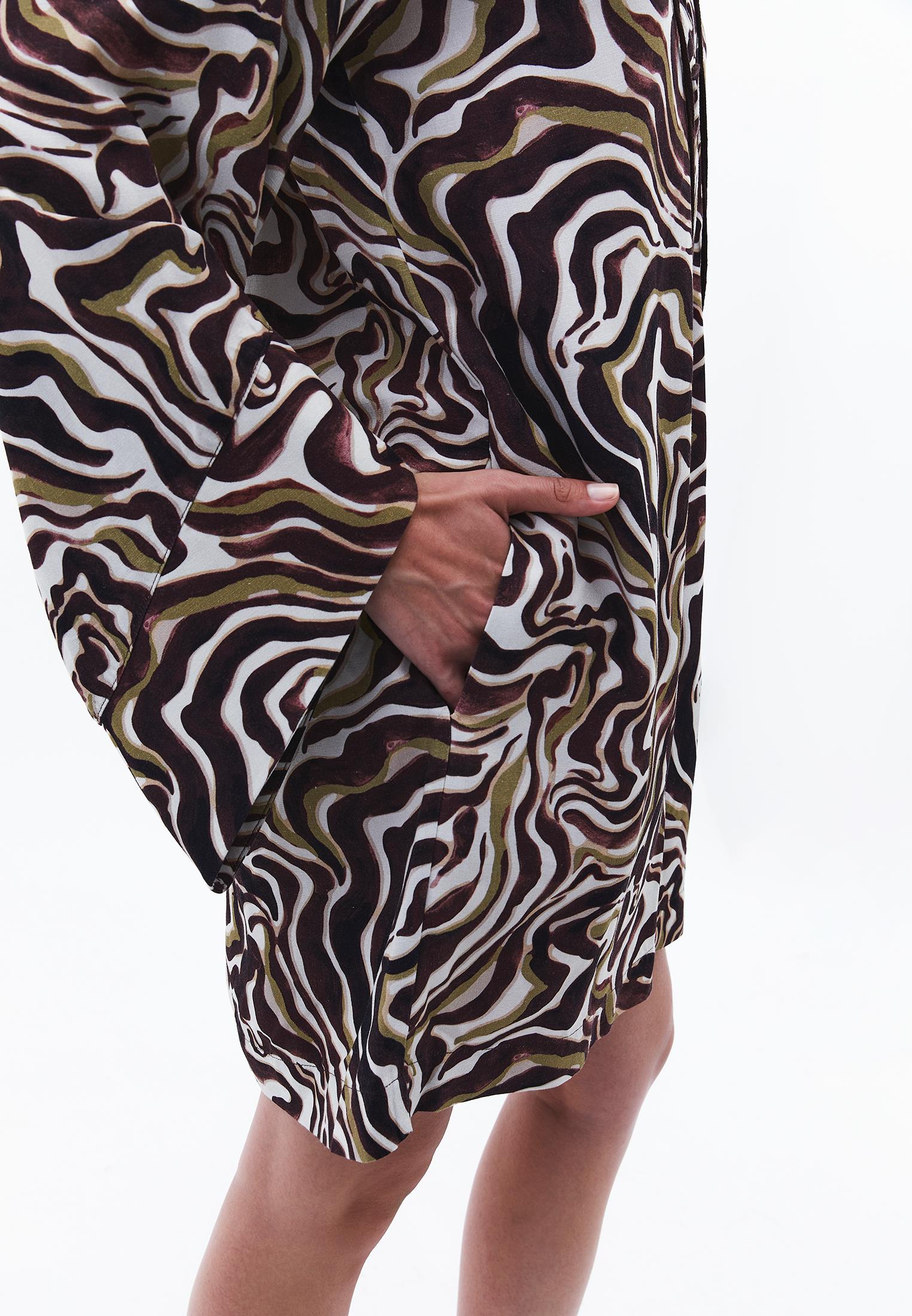 Woven Printed Tied Short V Neck Long Sleeve Dress - WAVY COMB