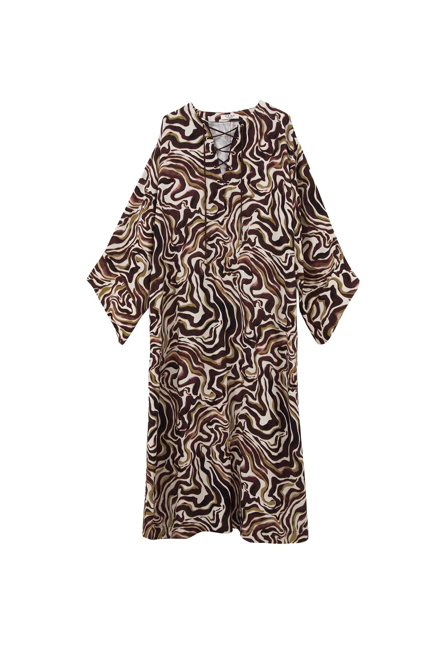 V Neck Printed Tie Long Dress - WAVY COMB